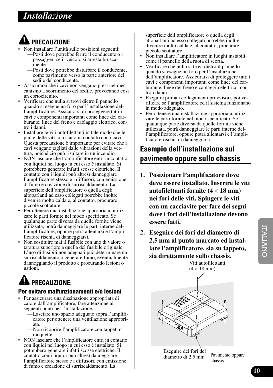 Installazione, Esempio dell’installazione sul pavimento, Oppure sullo chassis | Pioneer GM-5300T User Manual | Page 59 / 85