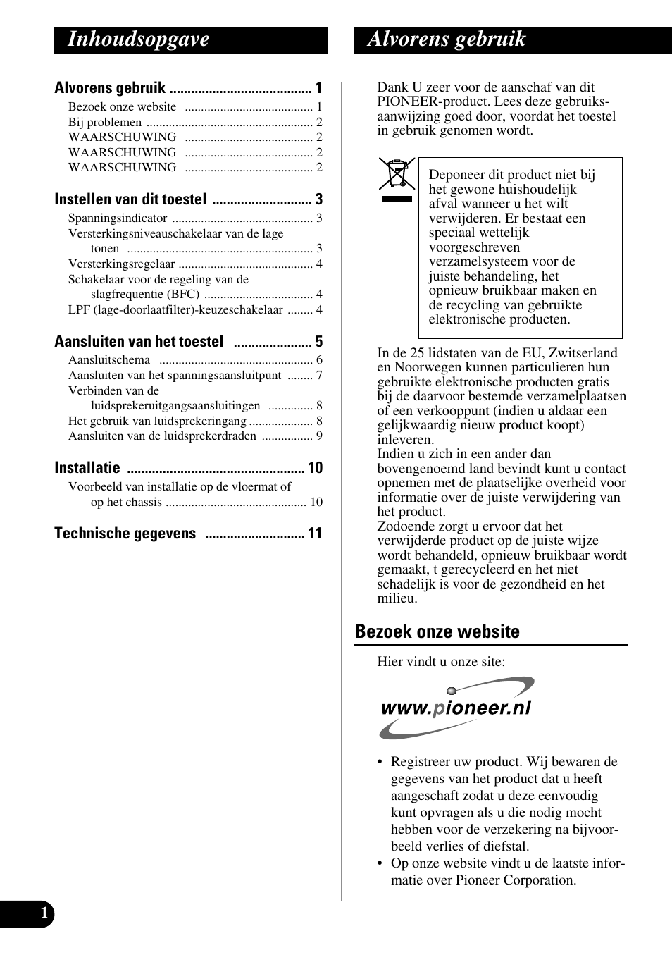 Nederlands, Inhoudsopgave, Alvorens gebruik | Bezoek onze website | Pioneer GM-5300T User Manual | Page 62 / 85