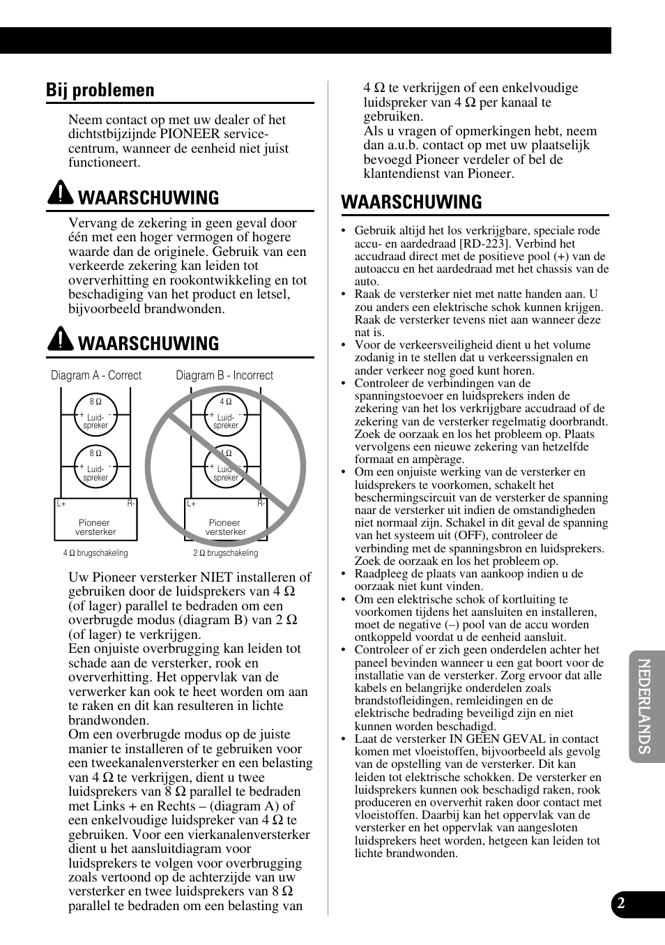 Bij problemen, Waarschuwing | Pioneer GM-5300T User Manual | Page 63 / 85