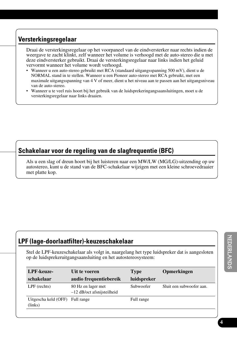 Slagfrequentie (bfc), Lpf (lage-doorlaatfilter)-keuzeschakelaar, Versterkingsregelaar | Pioneer GM-5300T User Manual | Page 65 / 85