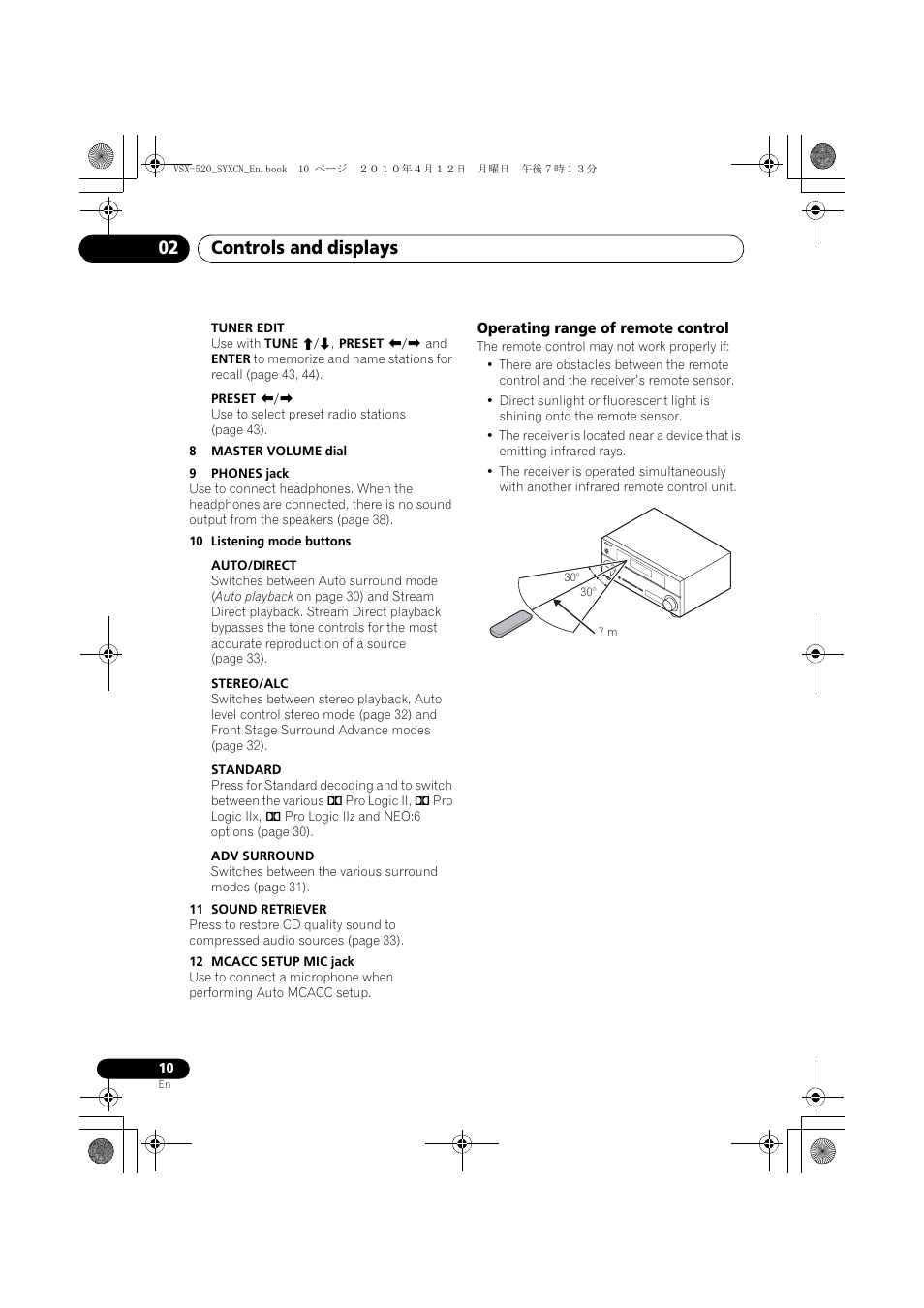 Operating range of remote control, Controls and displays 02 | Pioneer VSX-520-S User Manual | Page 10 / 168