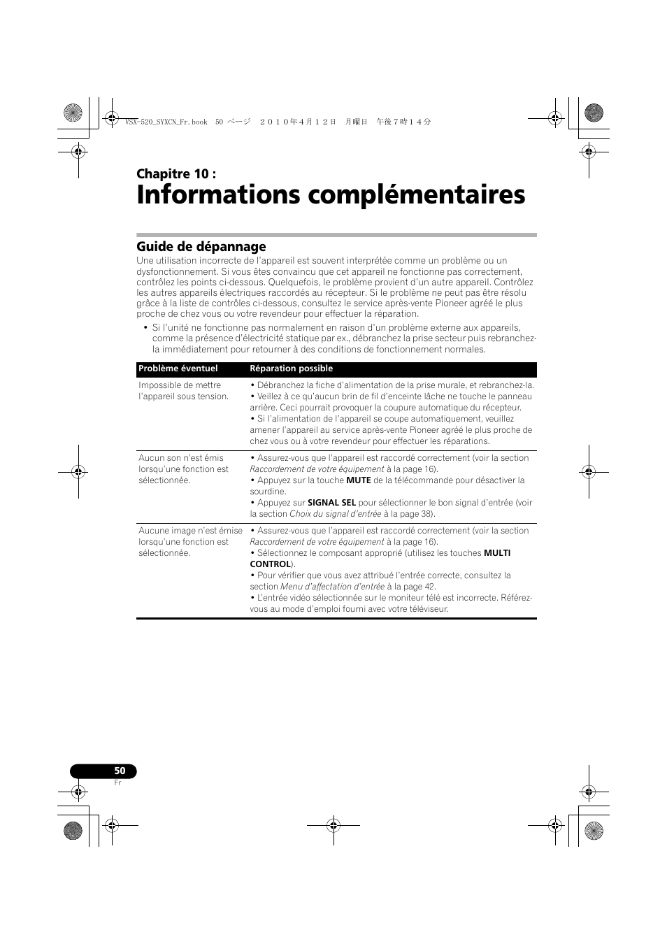 Informations complémentaires, Guide de dépannage, 10 informations complémentaires | Chapitre 10 | Pioneer VSX-520-S User Manual | Page 106 / 168
