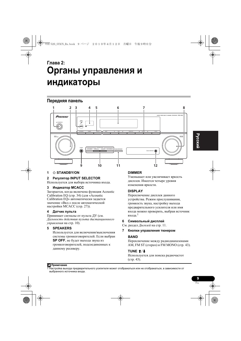 О²ганы уп²àâëåíèˇ и индикато²ы, Пе²åäíˇˇ панель, 02 органы управления и индикаторы | Передняя панель, Органы управления и индикаторы, Глава 2 | Pioneer VSX-520-S User Manual | Page 119 / 168