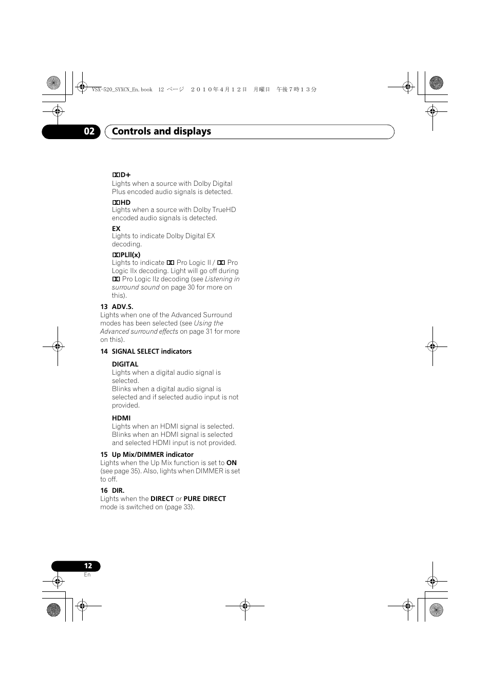 Controls and displays 02 | Pioneer VSX-520-S User Manual | Page 12 / 168