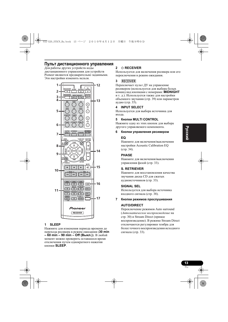 Пульт дистанционного уп²àâëåíèˇ, Пульт дистанционного управления, Receiver | Pioneer VSX-520-S User Manual | Page 123 / 168