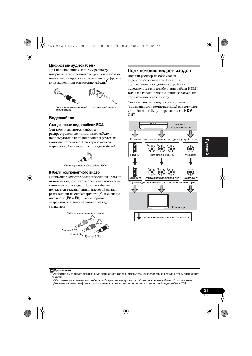 Циф²овые аудиокабели, Видеокабели, Подкл чение видеовыходов | Цифровые аудиокабели видеокабели, Подключение видеовыходов | Pioneer VSX-520-S User Manual | Page 131 / 168