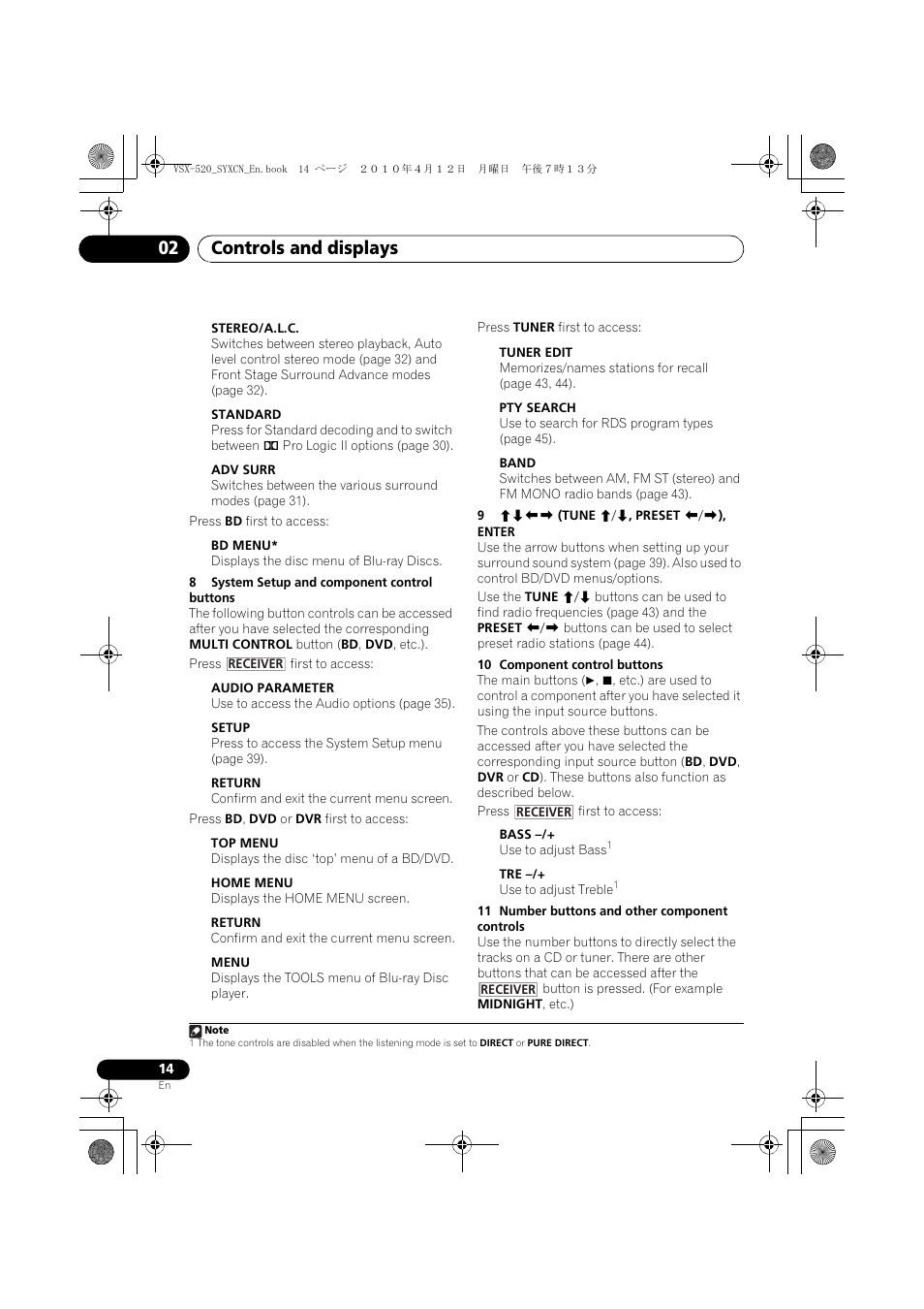 Controls and displays 02 | Pioneer VSX-520-S User Manual | Page 14 / 168