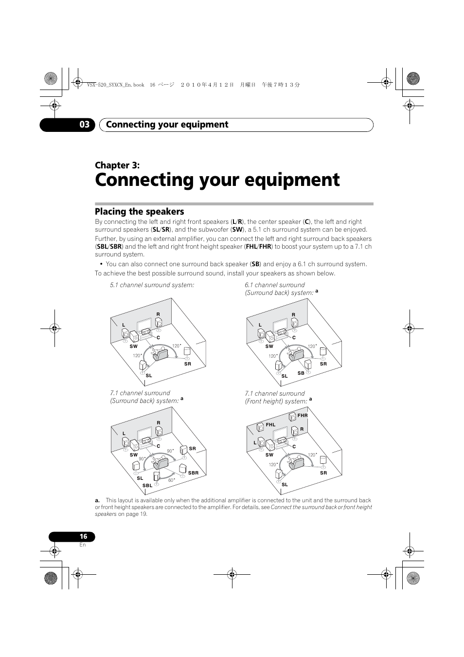 Connecting your equipment, Placing the speakers, 03 connecting your equipment | Connecting your equipment 03, Chapter 3 | Pioneer VSX-520-S User Manual | Page 16 / 168