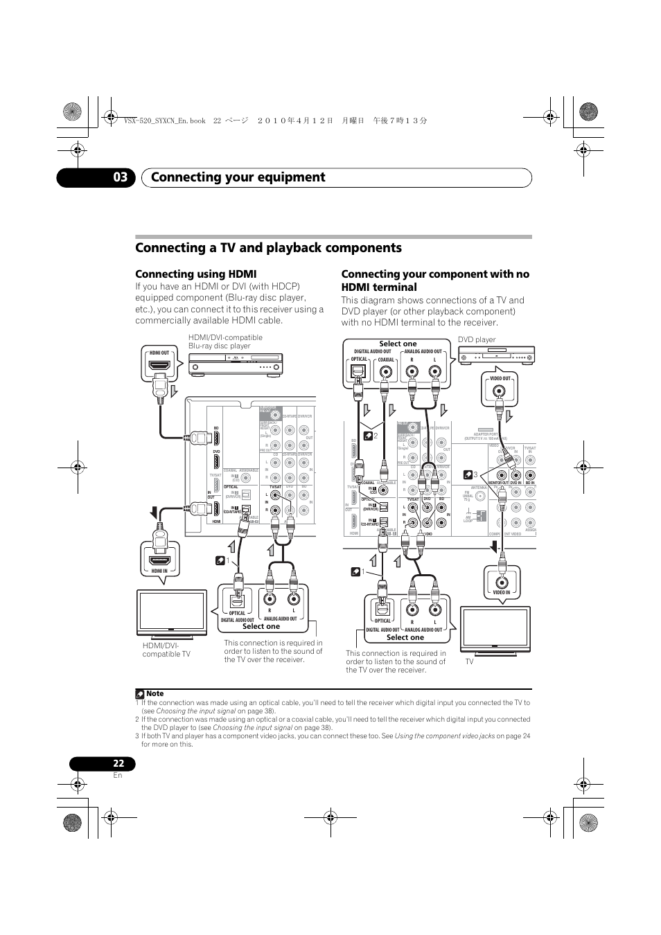Connecting a tv and playback components, Connecting using hdmi, Connecting your component with no hdmi terminal | Connecting your equipment 03 | Pioneer VSX-520-S User Manual | Page 22 / 168