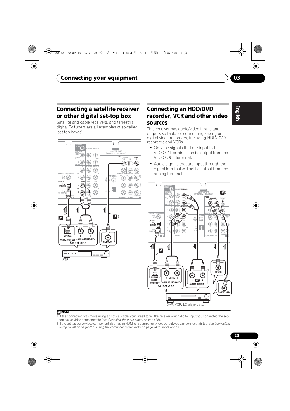 Connecting your equipment 03, English français español, Select one stb 1 2 | Pioneer VSX-520-S User Manual | Page 23 / 168