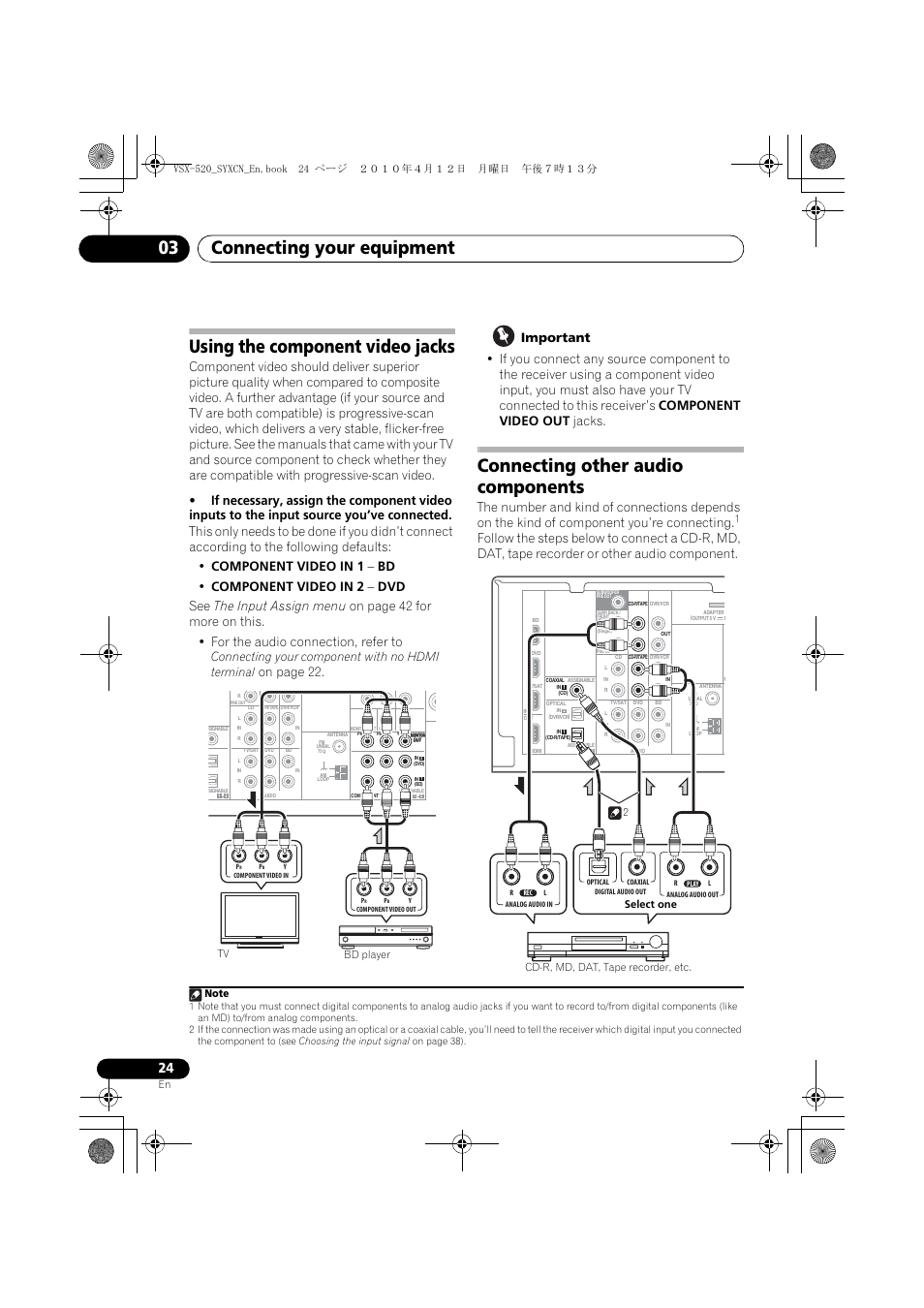 Using the component video jacks, Connecting other audio components, Connecting your equipment 03 | On page 22, Connecting your component with no hdmi terminal | Pioneer VSX-520-S User Manual | Page 24 / 168
