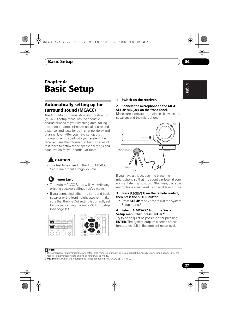 Basic setup, 04 basic setup, Basic setup 04 | Chapter 4, English français español, Receiver | Pioneer VSX-520-S User Manual | Page 27 / 168