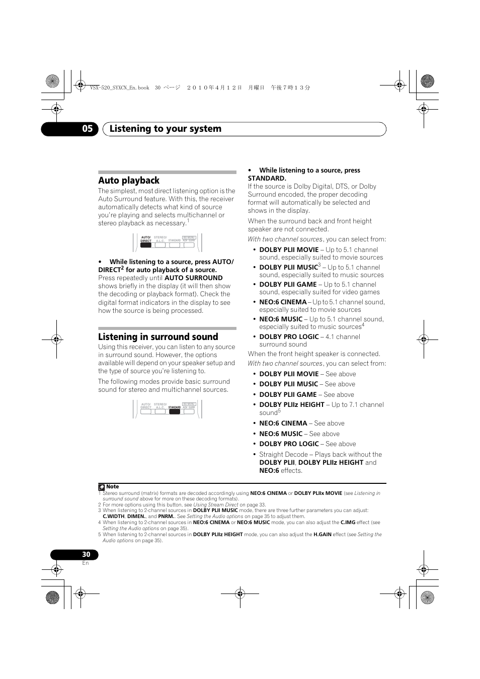 Auto playback, Listening in surround sound, Listening to your system 05 | Pioneer VSX-520-S User Manual | Page 30 / 168