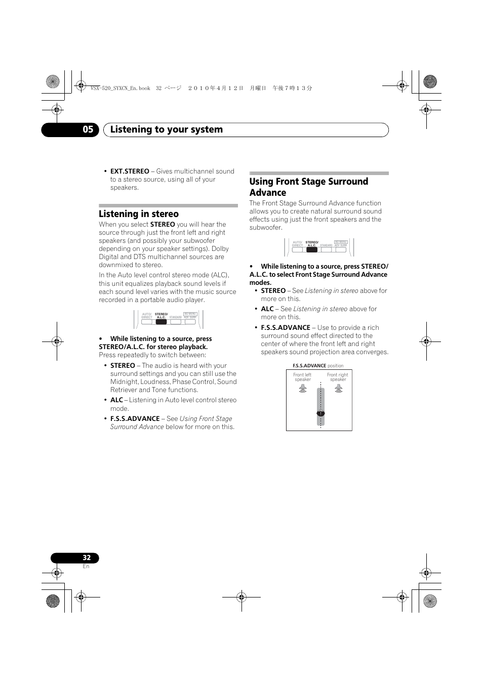 Listening in stereo, Using front stage surround advance, Listening to your system 05 | Pioneer VSX-520-S User Manual | Page 32 / 168
