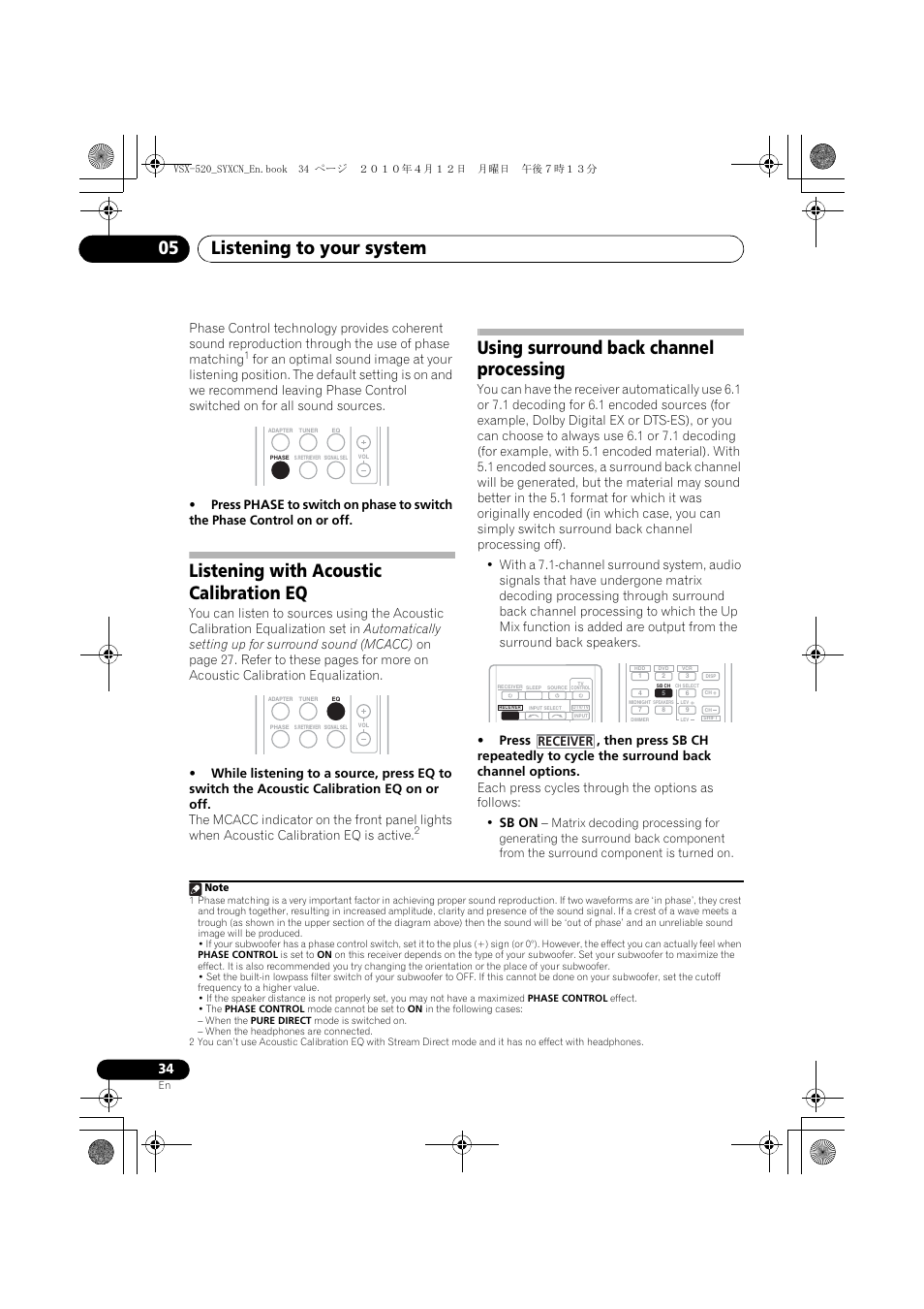 Listening with acoustic calibration eq, Using surround back channel processing, Listening to your system 05 | Receiver | Pioneer VSX-520-S User Manual | Page 34 / 168