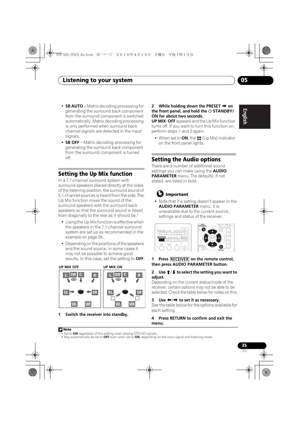 Setting the up mix function, Setting the audio options, Listening to your system 05 | English français español | Pioneer VSX-520-S User Manual | Page 35 / 168
