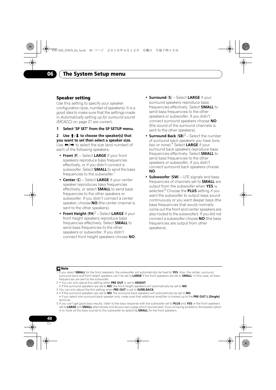 Speaker setting, The system setup menu 06 | Pioneer VSX-520-S User Manual | Page 40 / 168