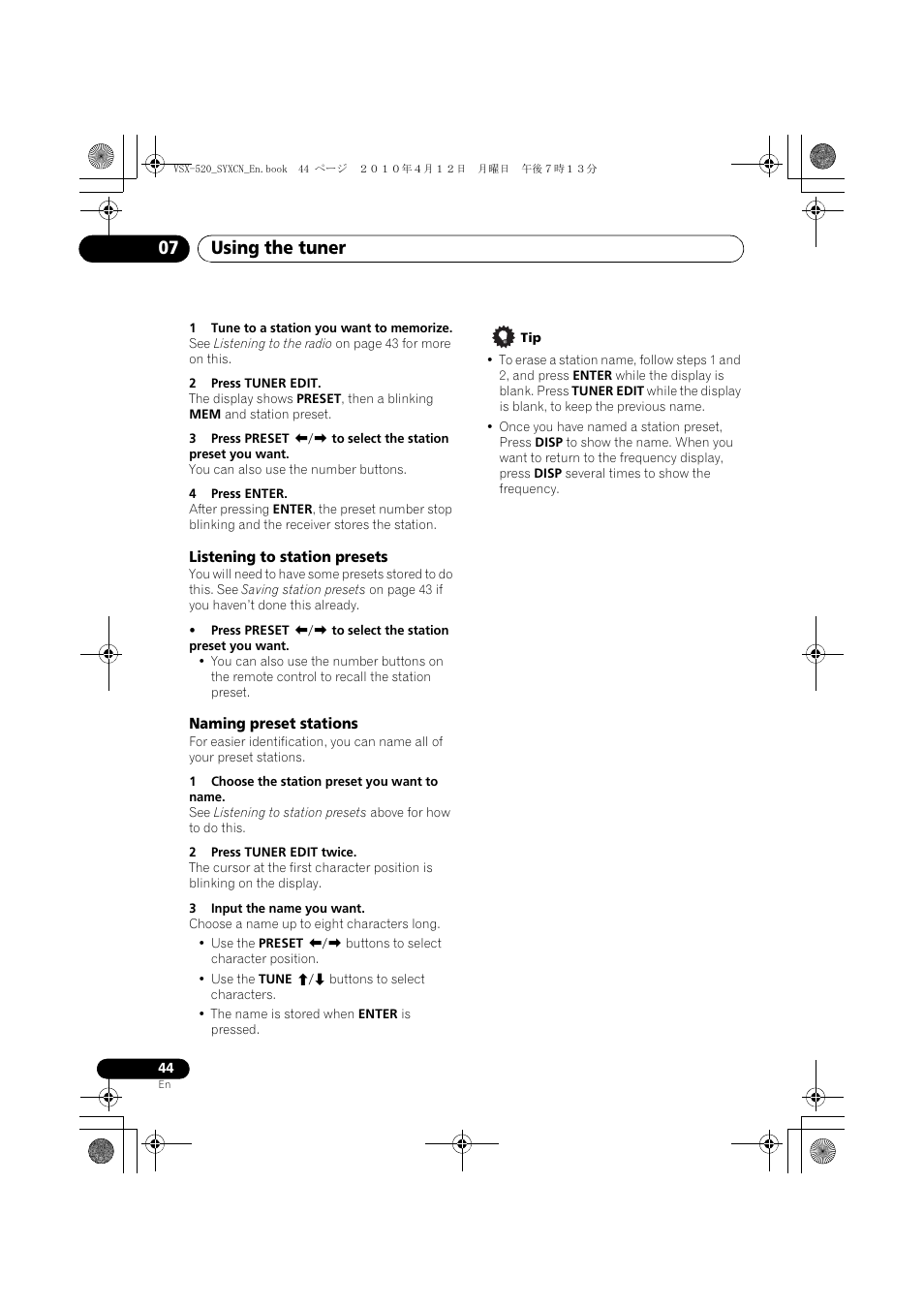 Listening to station presets, Naming preset stations, Using the tuner 07 | Pioneer VSX-520-S User Manual | Page 44 / 168
