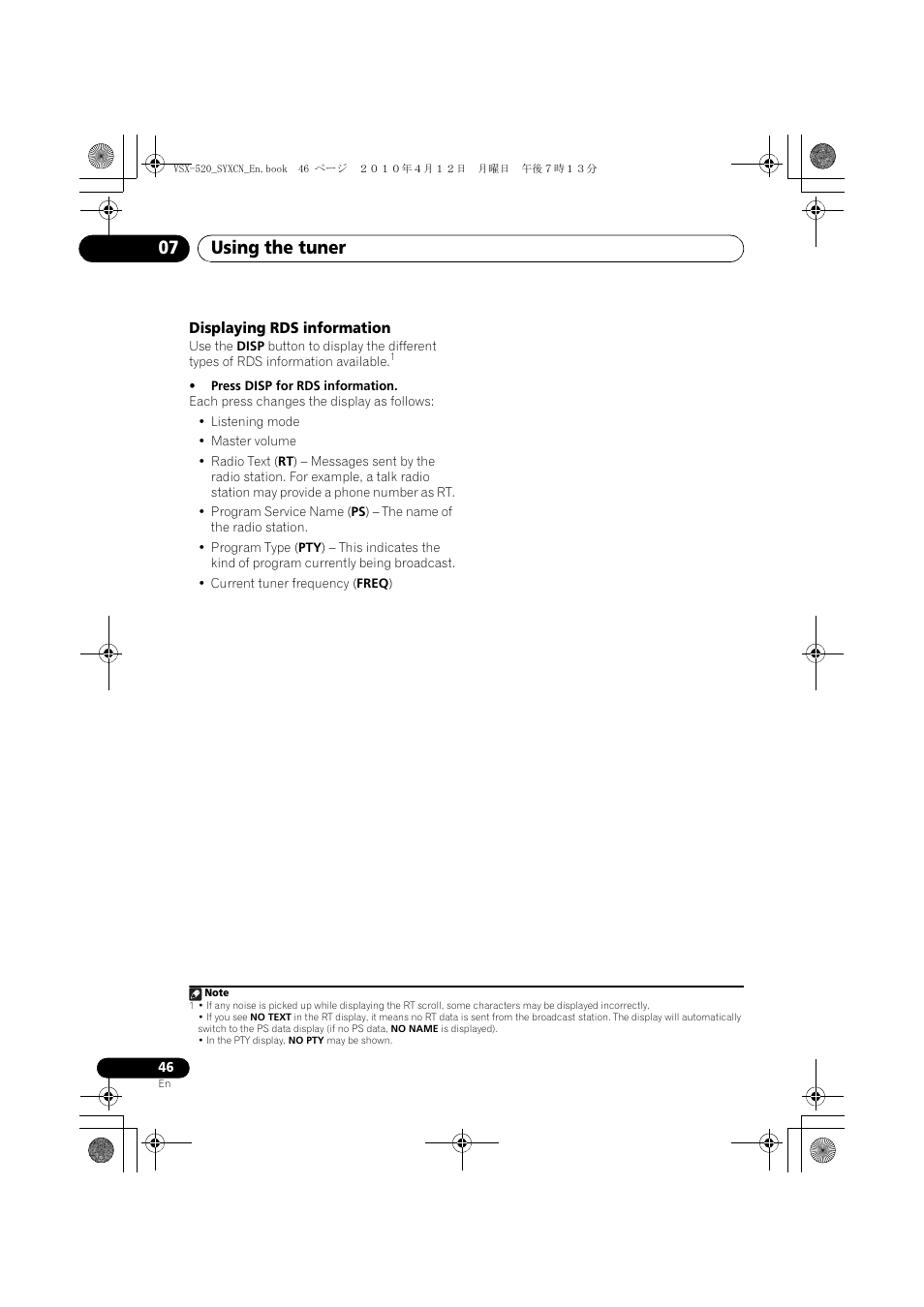 Displaying rds information, Using the tuner 07 | Pioneer VSX-520-S User Manual | Page 46 / 168