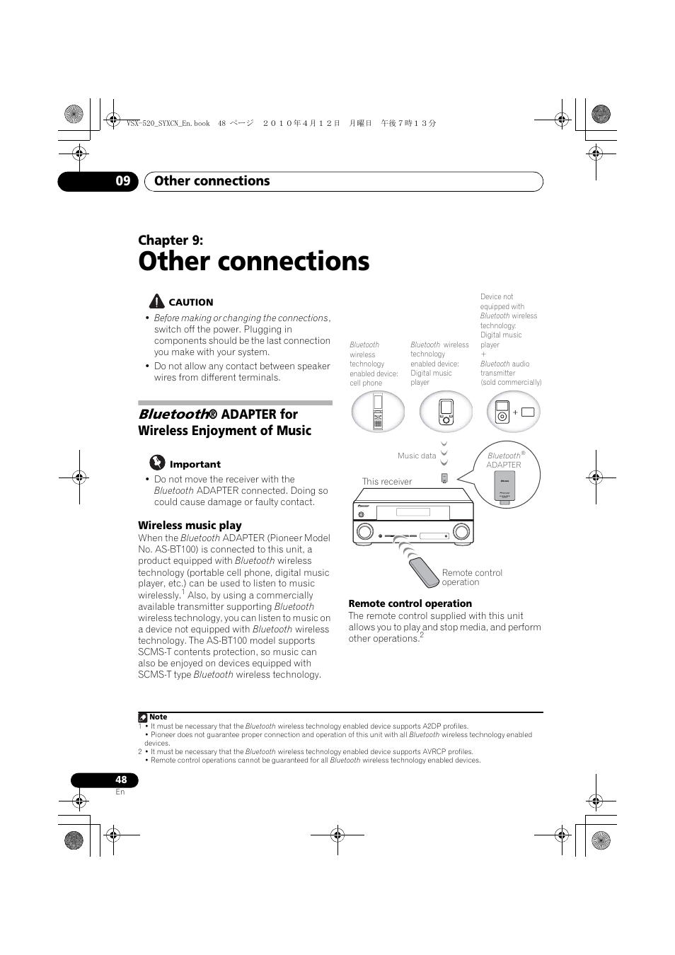 Other connections, Bluetooth® adapter for wireless enjoyment of music, Wireless music play | 09 other connections, Bluetooth, Other connections 09, Chapter 9, Adapter for wireless enjoyment of music | Pioneer VSX-520-S User Manual | Page 48 / 168