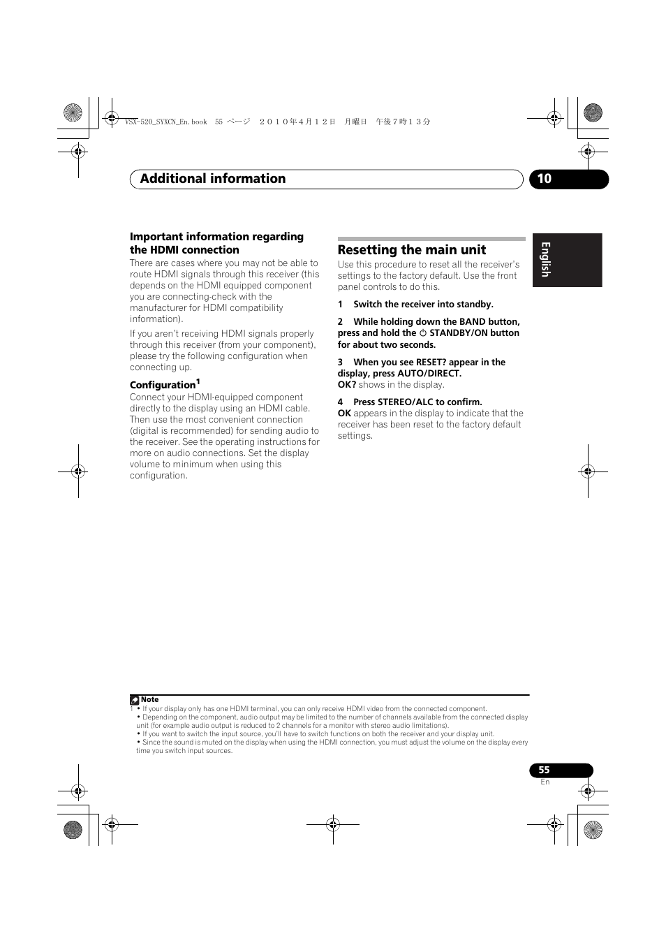 Resetting the main unit, Additional information 10 | Pioneer VSX-520-S User Manual | Page 55 / 168