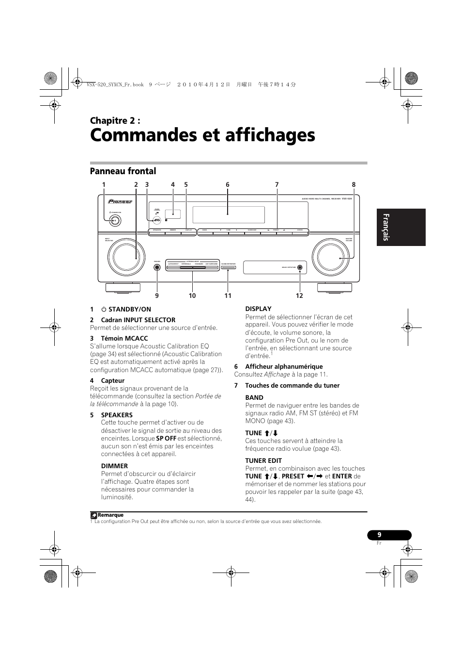 Commandes et affichages, Panneau frontal, 02 commandes et affichages | Chapitre 2 | Pioneer VSX-520-S User Manual | Page 65 / 168