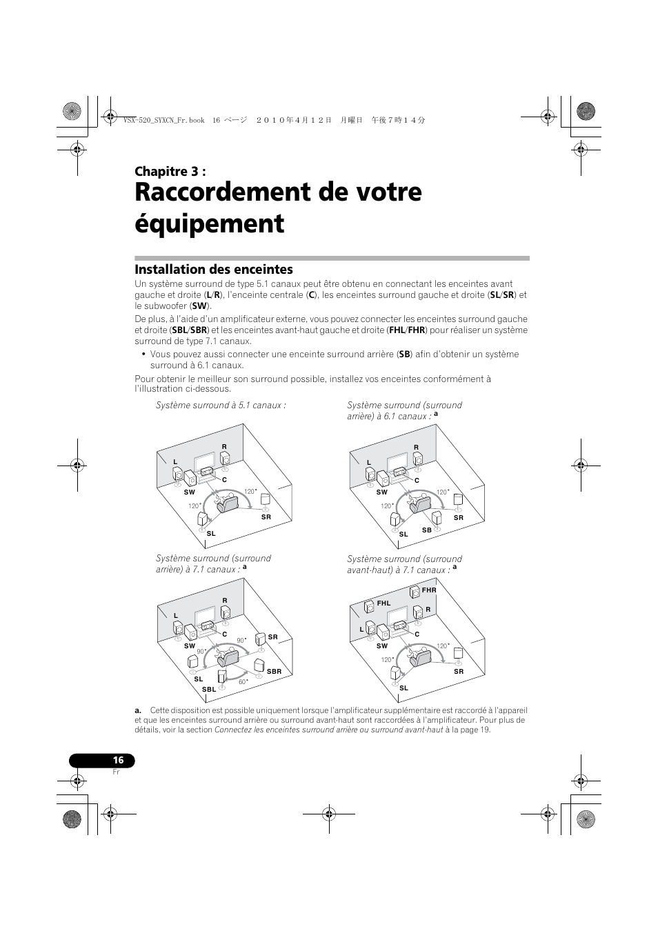 Raccordement de votre équipement, Installation des enceintes, Système surround à 5.1 canaux | 03 raccordement de votre équipement, Chapitre 3 | Pioneer VSX-520-S User Manual | Page 72 / 168
