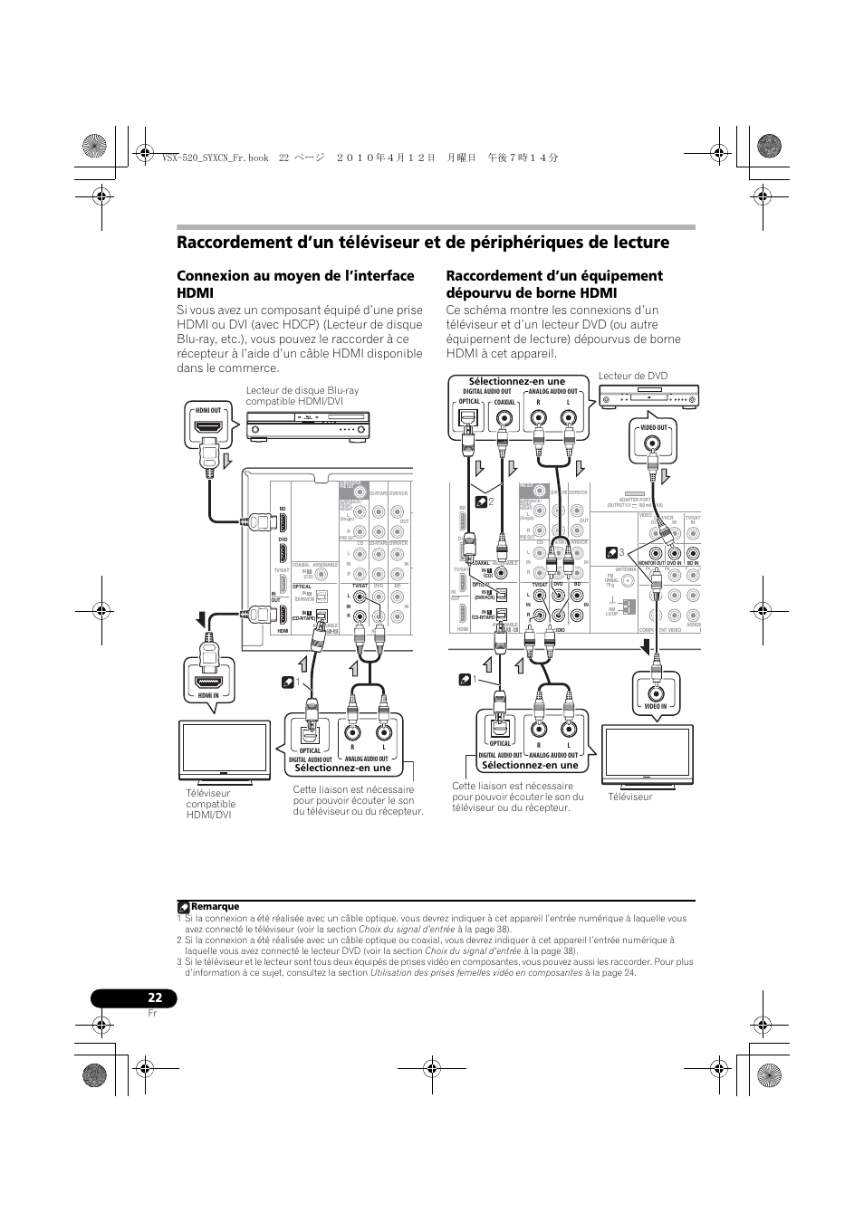 Connexion au moyen de l’interface hdmi, Sélectionnez-en une, Remarque | Pioneer VSX-520-S User Manual | Page 78 / 168