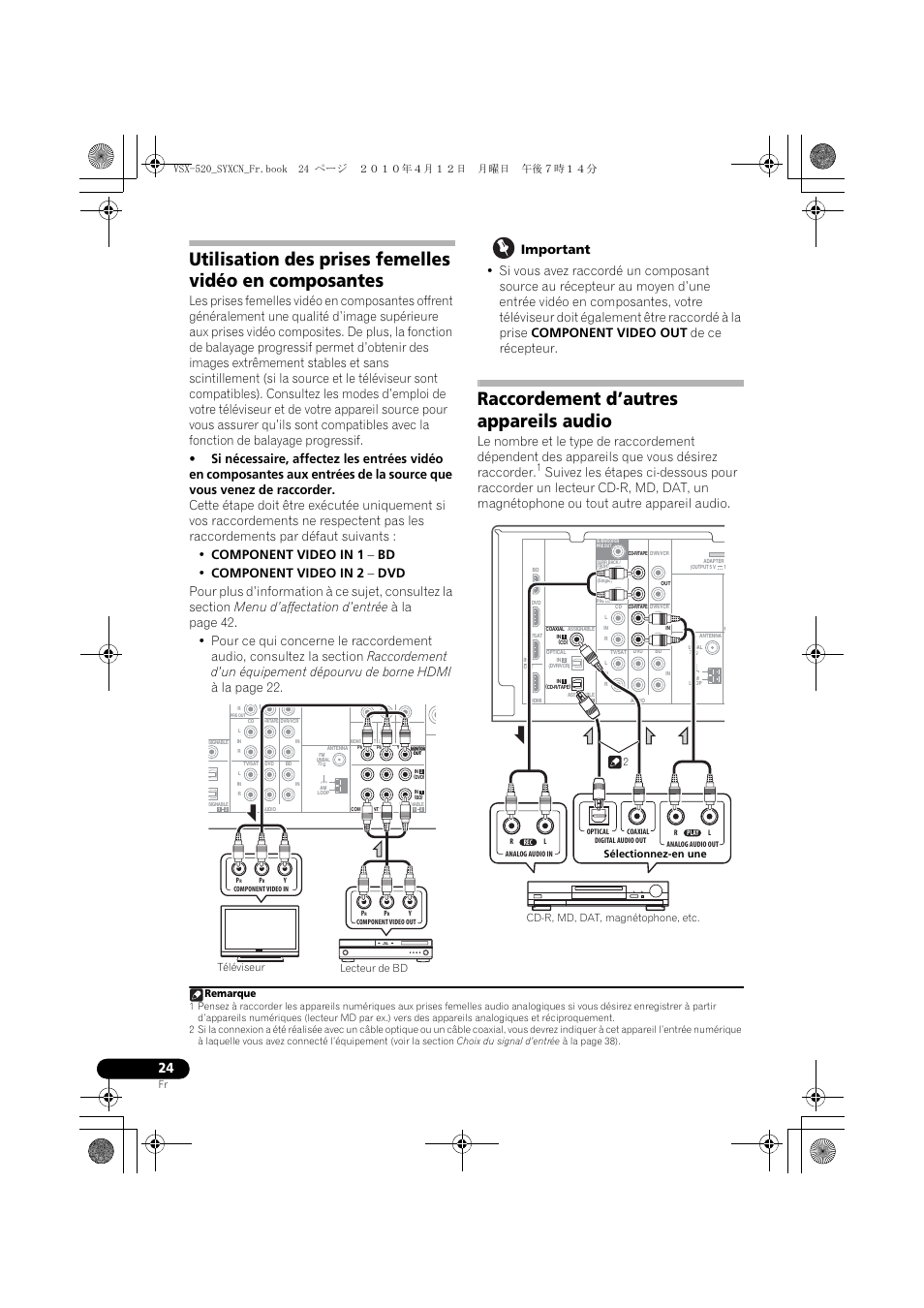Raccordement d’autres appareils audio, Sélectionnez-en une, Lecteur de bd téléviseur remarque | Pioneer VSX-520-S User Manual | Page 80 / 168