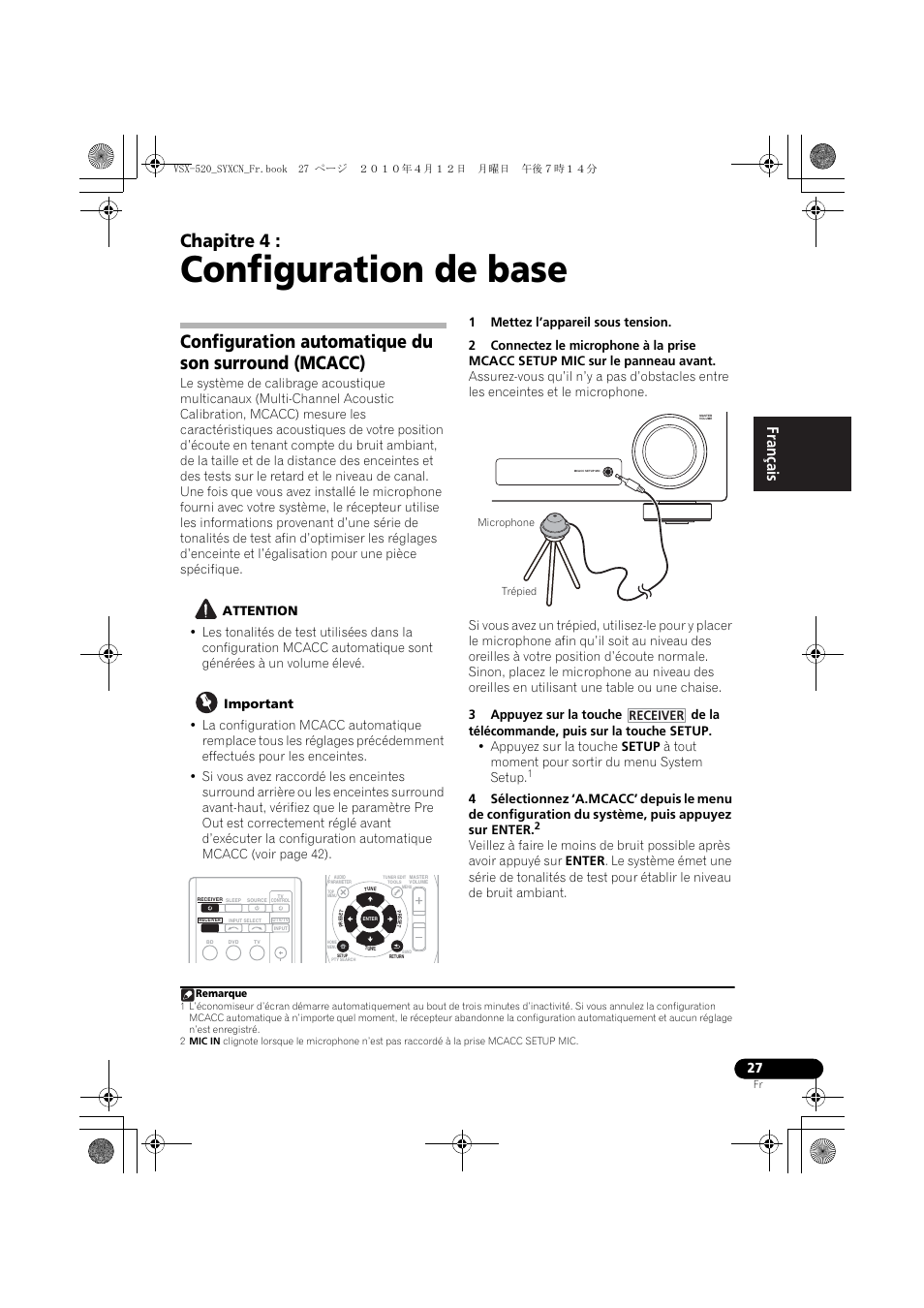 Configuration de base, Configuration automatique du son surround (mcacc), 04 configuration de base | Chapitre 4, Receiver | Pioneer VSX-520-S User Manual | Page 83 / 168