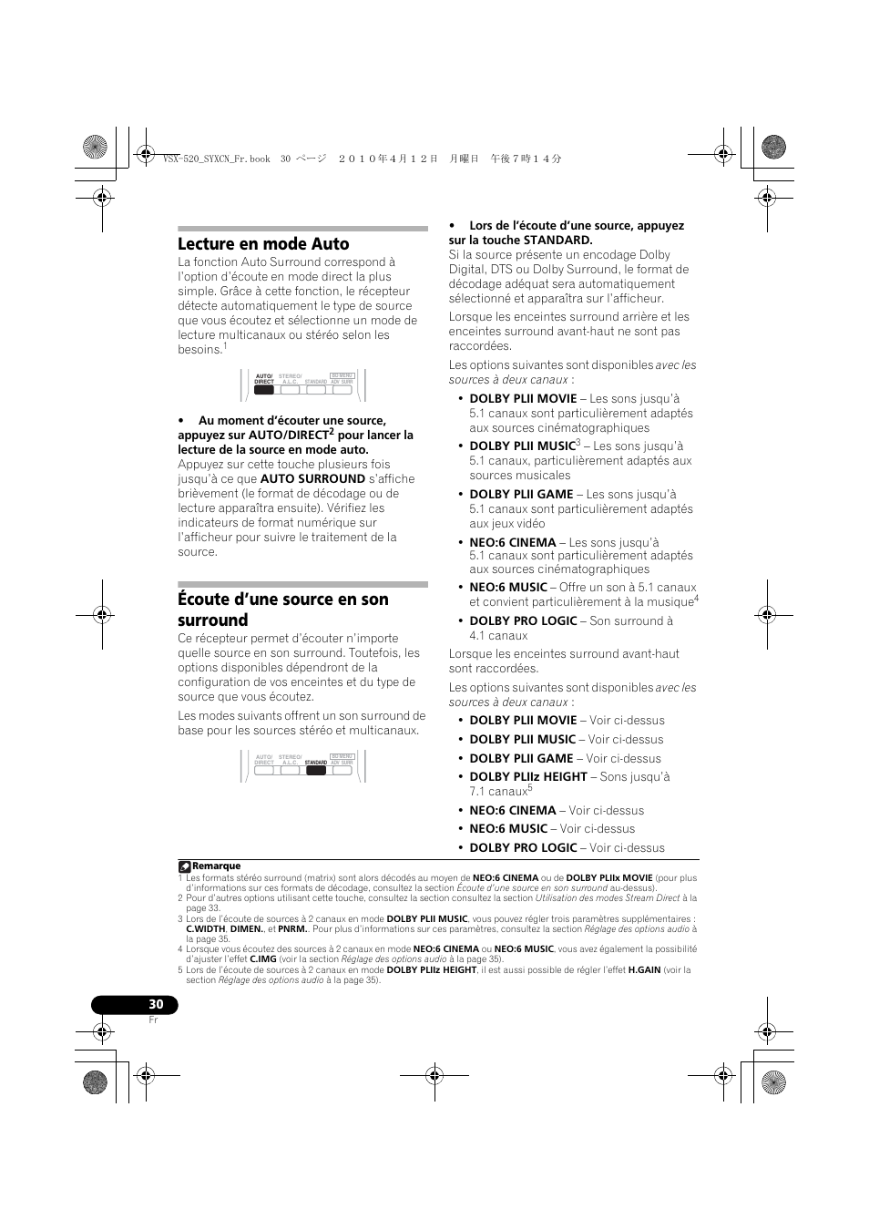 Lecture en mode auto, Écoute d’une source en son surround | Pioneer VSX-520-S User Manual | Page 86 / 168