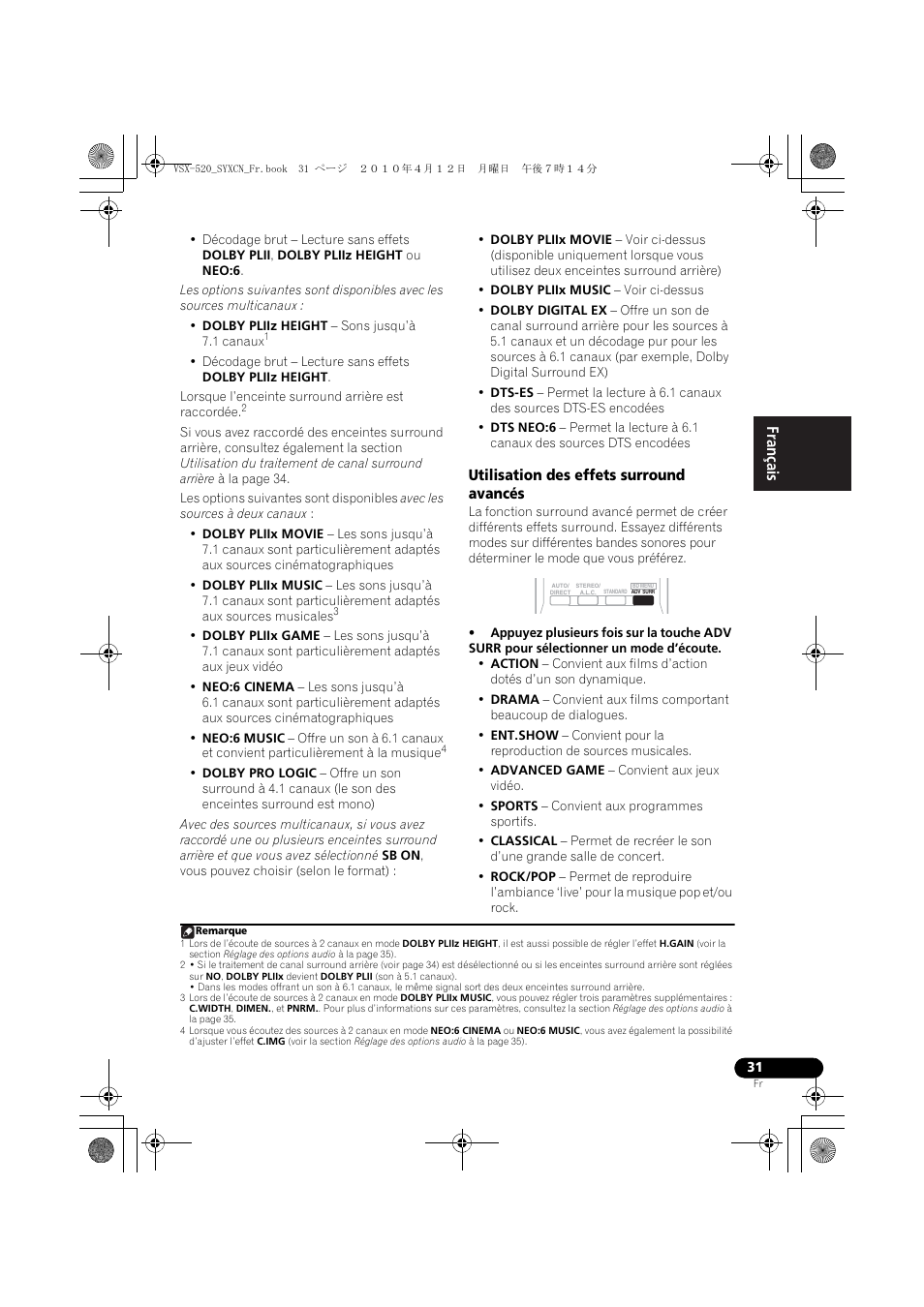 Utilisation des effets surround avancés | Pioneer VSX-520-S User Manual | Page 87 / 168