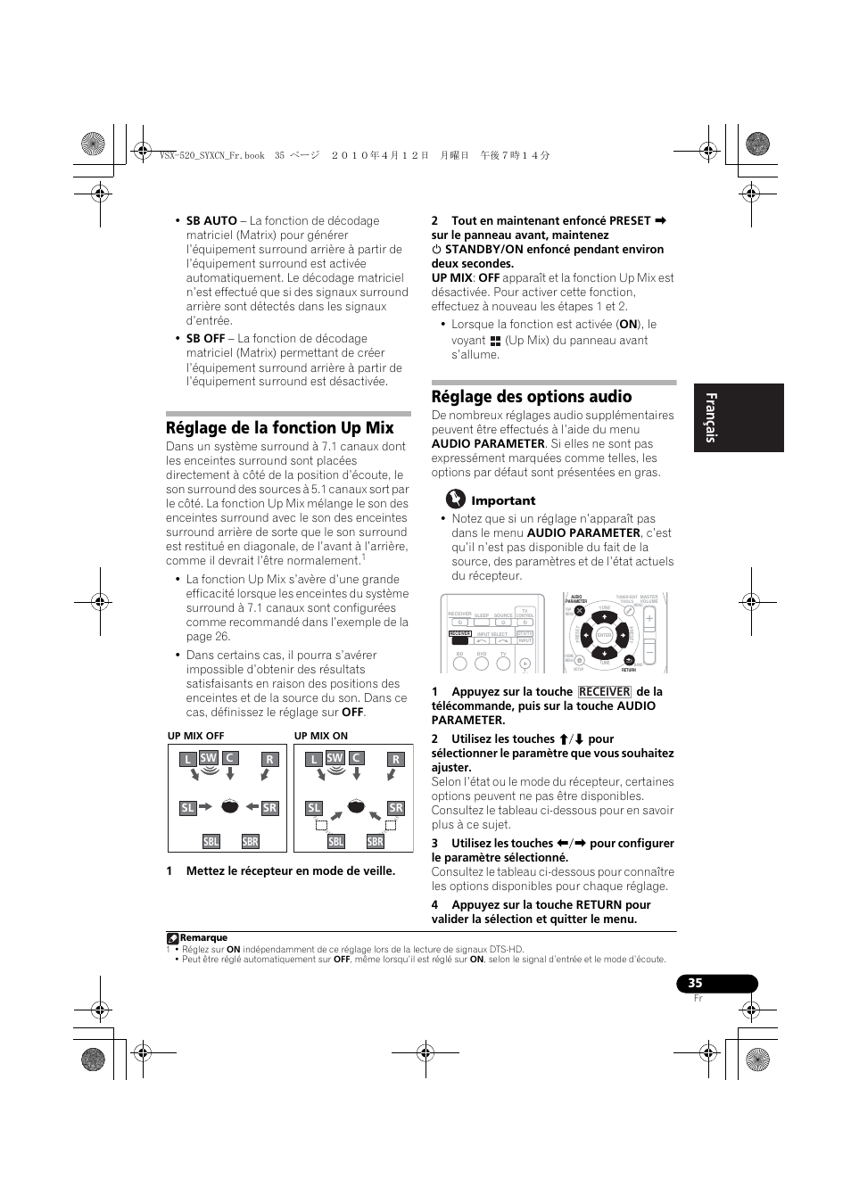 Réglage de la fonction up mix, Réglage des options audio | Pioneer VSX-520-S User Manual | Page 91 / 168