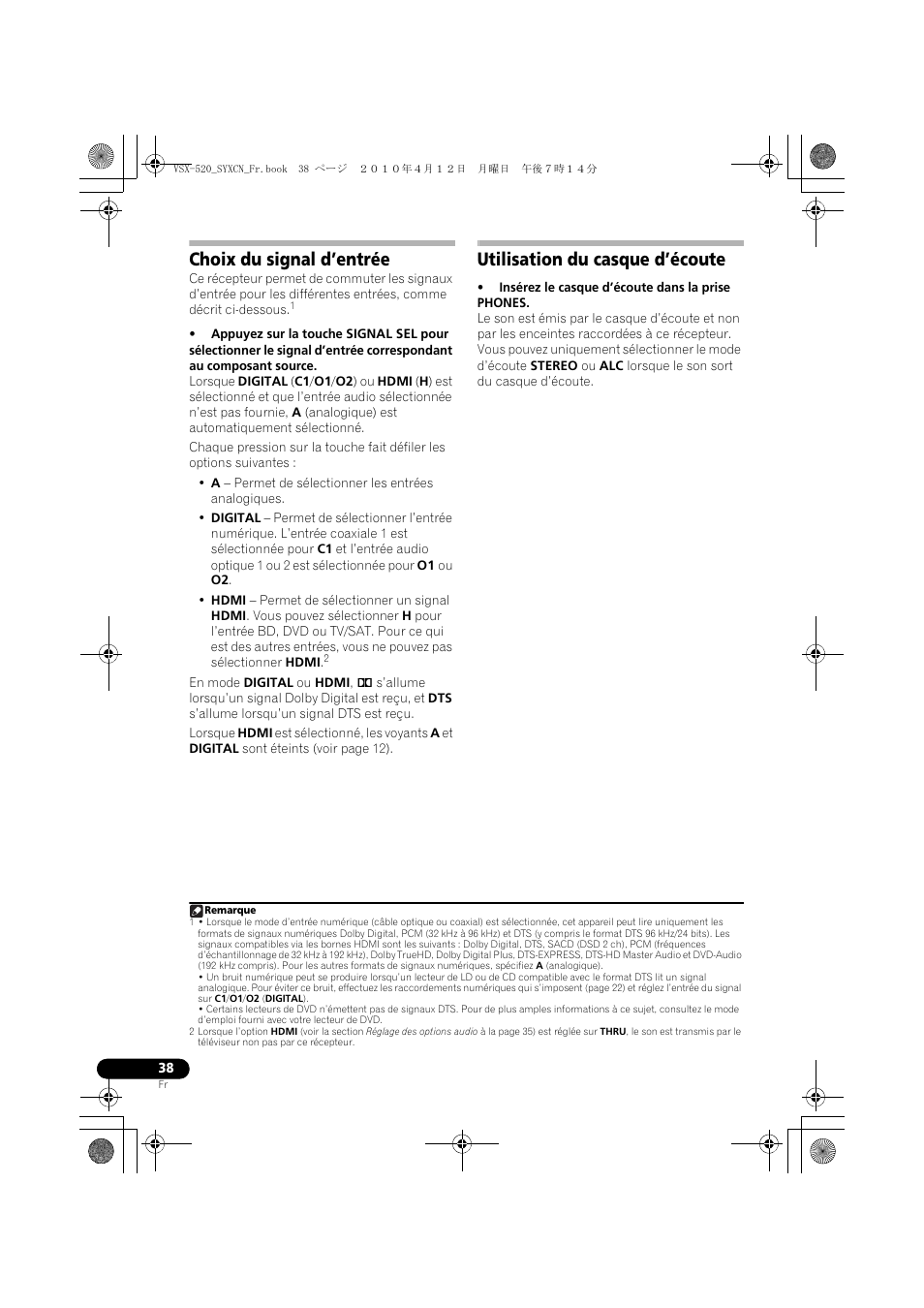 Choix du signal d’entrée, Utilisation du casque d’écoute | Pioneer VSX-520-S User Manual | Page 94 / 168