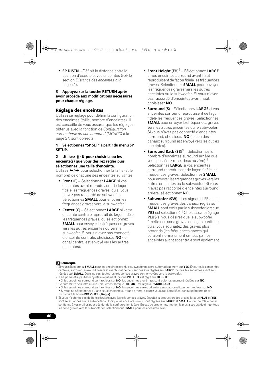 Réglage des enceintes | Pioneer VSX-520-S User Manual | Page 96 / 168