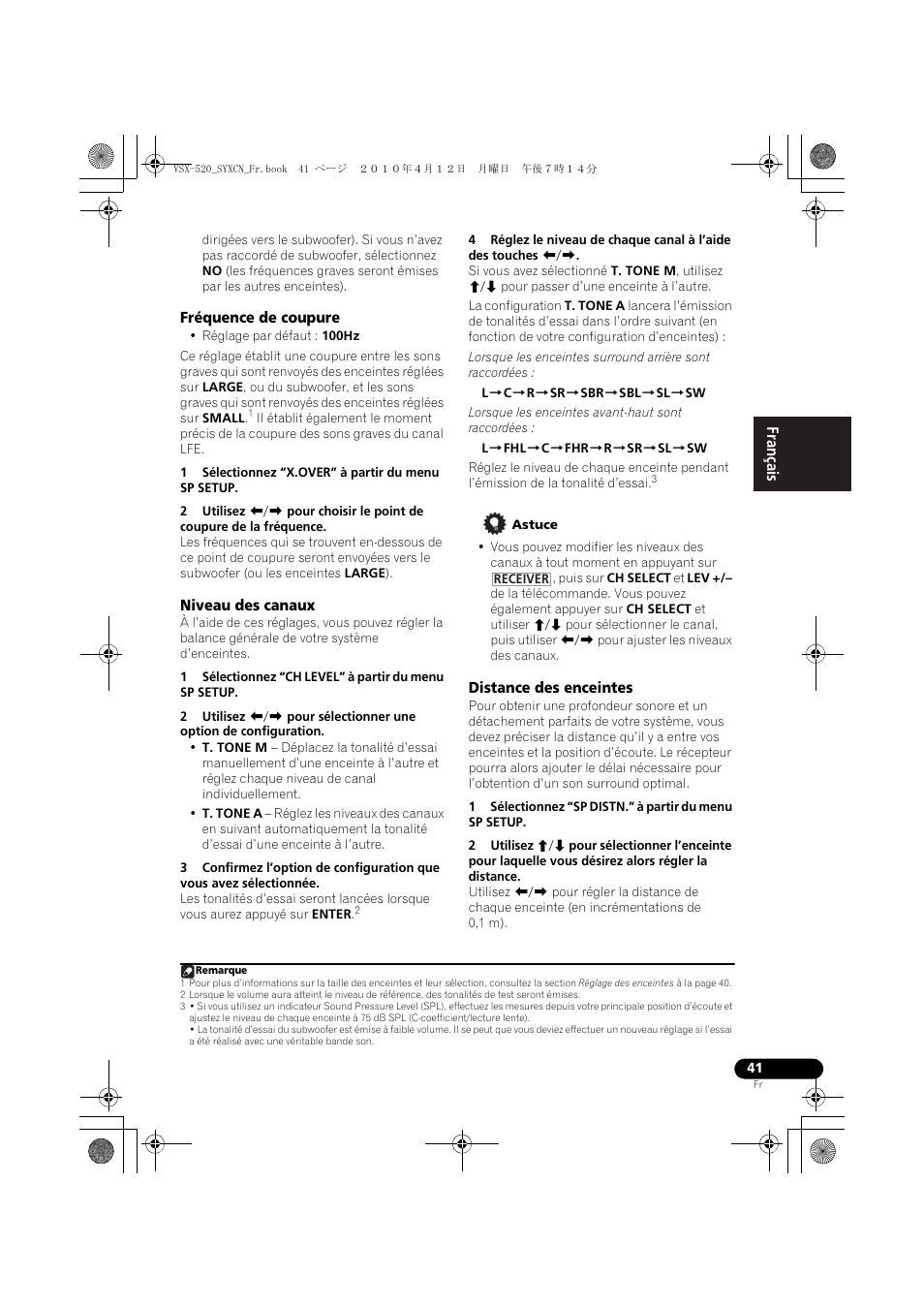Fréquence de coupure, Niveau des canaux, Lorsque les enceintes avant-haut sont raccordées | Distance des enceintes | Pioneer VSX-520-S User Manual | Page 97 / 168