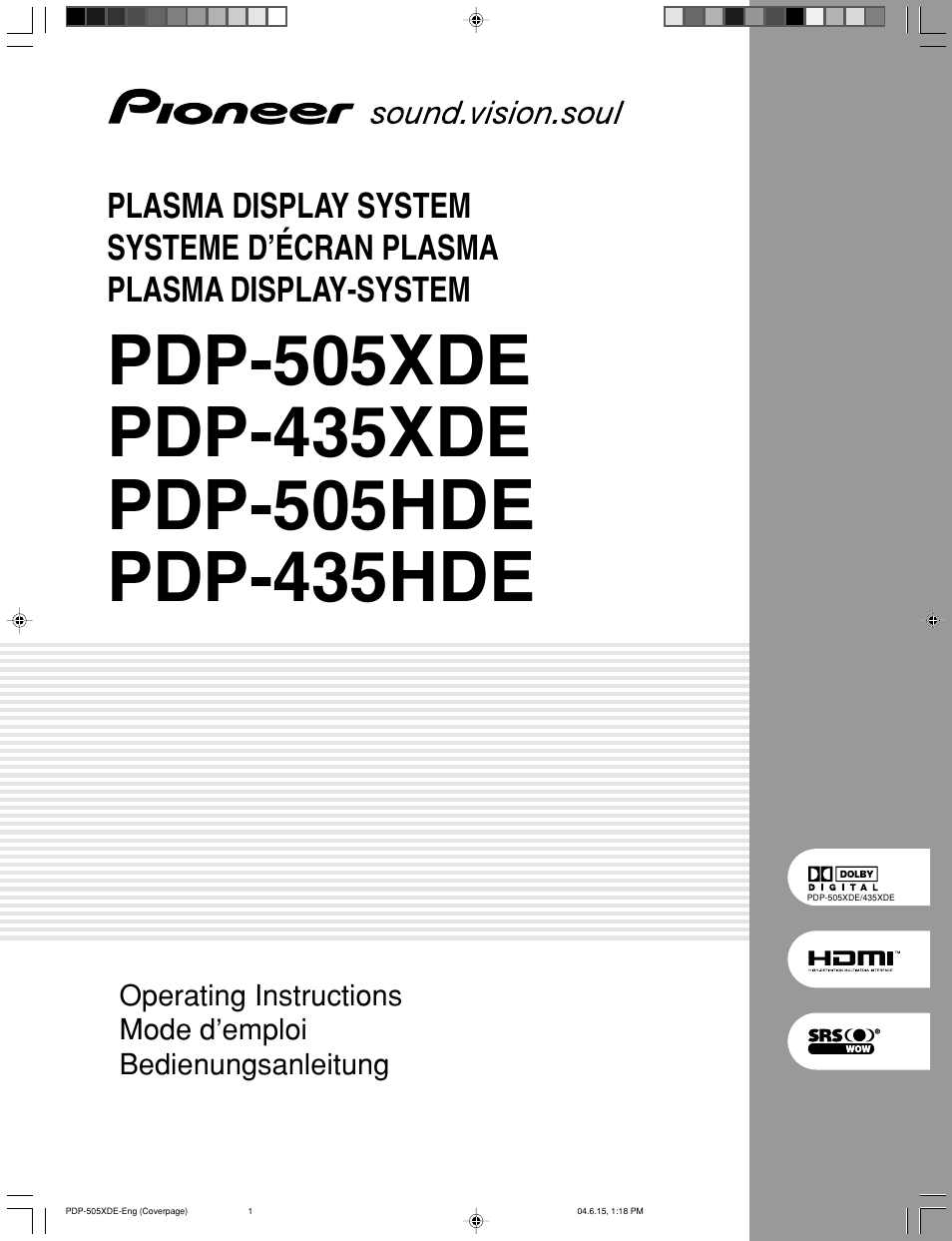 Pioneer PDP-505HDE User Manual | 176 pages