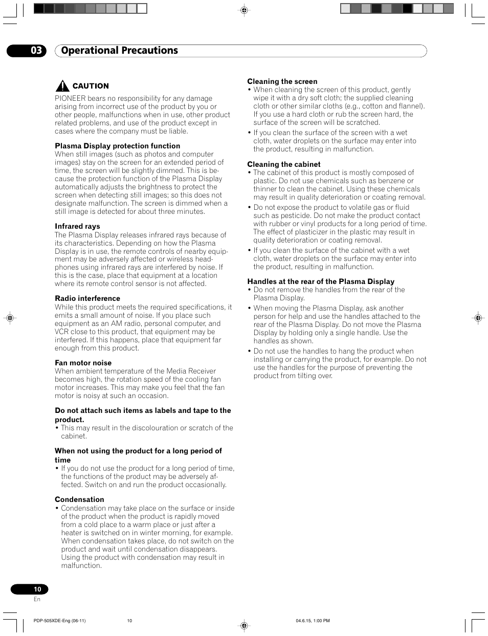 03 operational precautions | Pioneer PDP-505HDE User Manual | Page 10 / 176