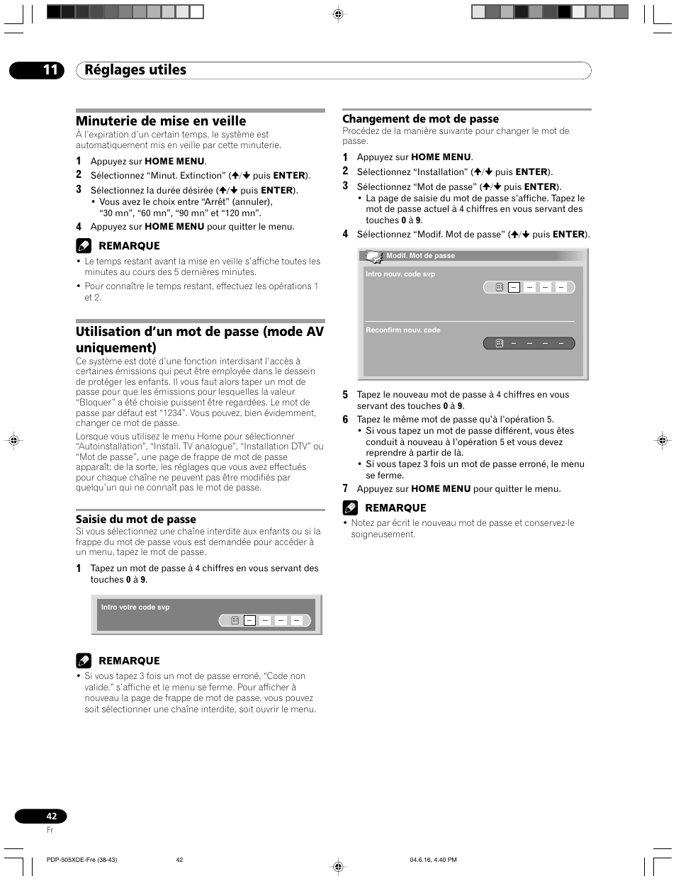 Saisie du mot de passe changement de mot de passe, 11 réglages utiles, Minuterie de mise en veille | Utilisation d’un mot de passe (mode av uniquement) | Pioneer PDP-505HDE User Manual | Page 100 / 176