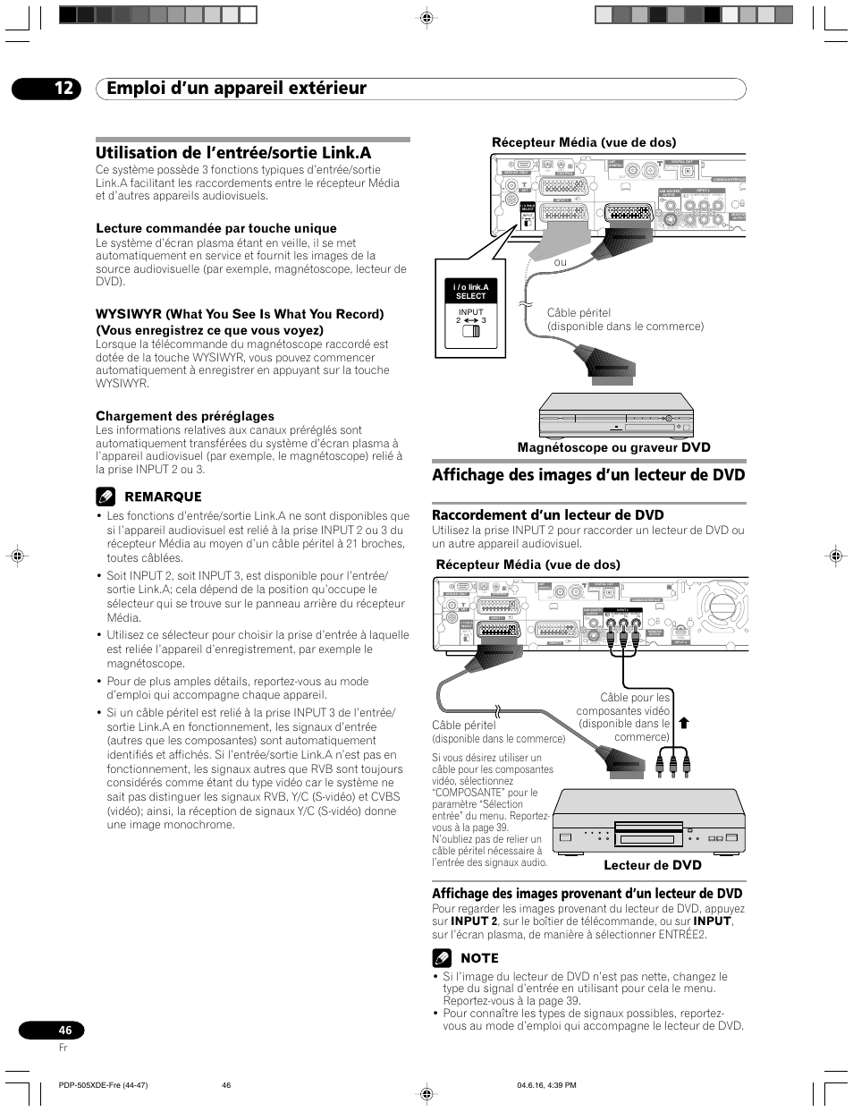 12 emploi d’un appareil extérieur, Utilisation de l’entrée/sortie link.a, Affichage des images d’un lecteur de dvd | Raccordement d’un lecteur de dvd, Affichage des images provenant d’un lecteur de dvd, Lecture commandée par touche unique, Chargement des préréglages, Récepteur média (vue de dos), Lecteur de dvd récepteur média (vue de dos), Magnétoscope ou graveur dvd | Pioneer PDP-505HDE User Manual | Page 104 / 176