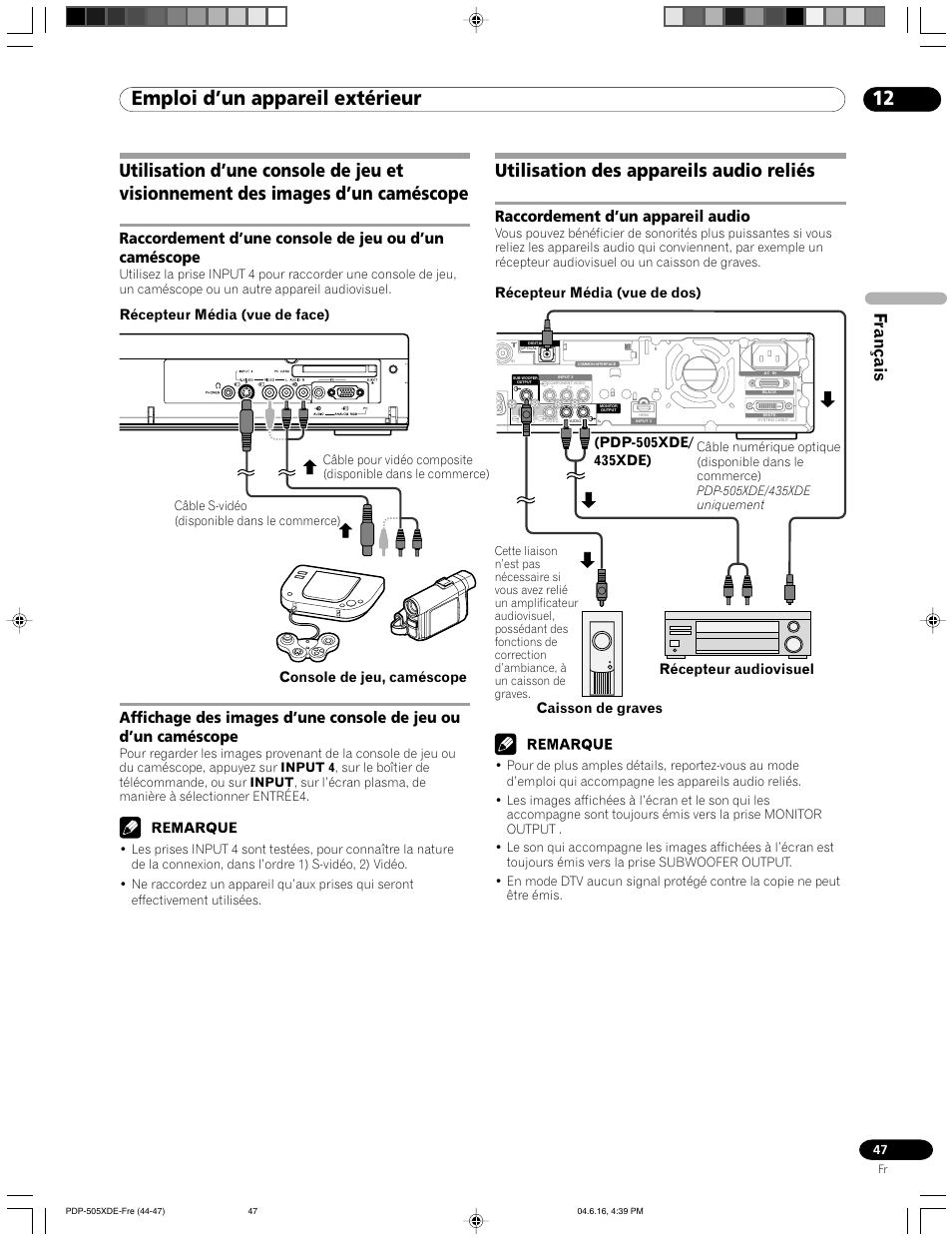 Utilisation des appareils audio reliés, Raccordement d’un appareil audio, 12 emploi d’un appareil extérieur | Français, Récepteur média (vue de dos) | Pioneer PDP-505HDE User Manual | Page 105 / 176