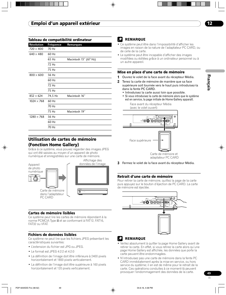 Tableau de compatibilité ordinateur, Emploi d’un appareil extérieur, Français | Pioneer PDP-505HDE User Manual | Page 107 / 176