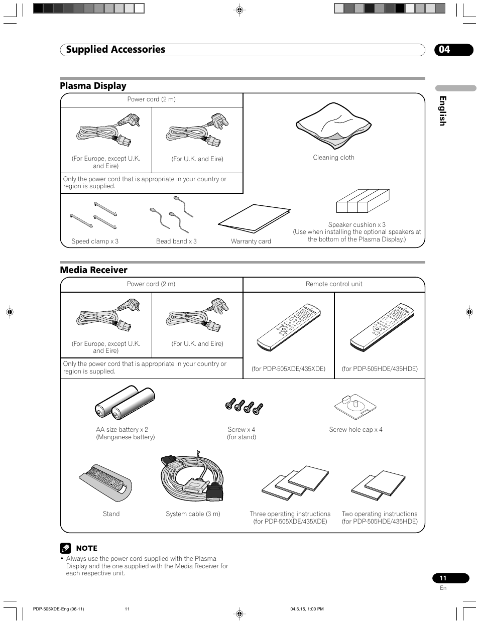 04 supplied accessories, Plasma display media receiver, Media receiver | Plasma display, English | Pioneer PDP-505HDE User Manual | Page 11 / 176