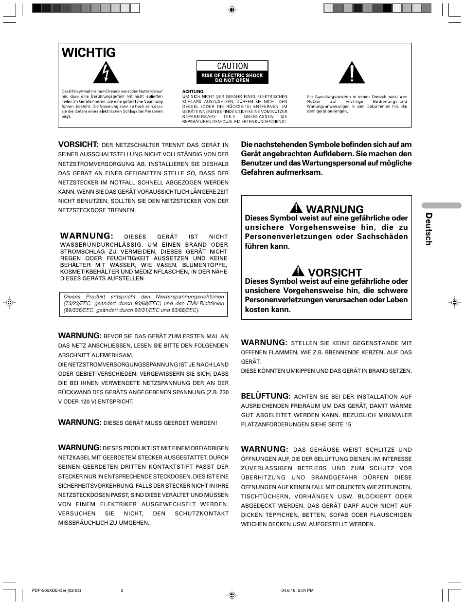 Warnung, Vorsicht, Deutsch | Pioneer PDP-505HDE User Manual | Page 119 / 176