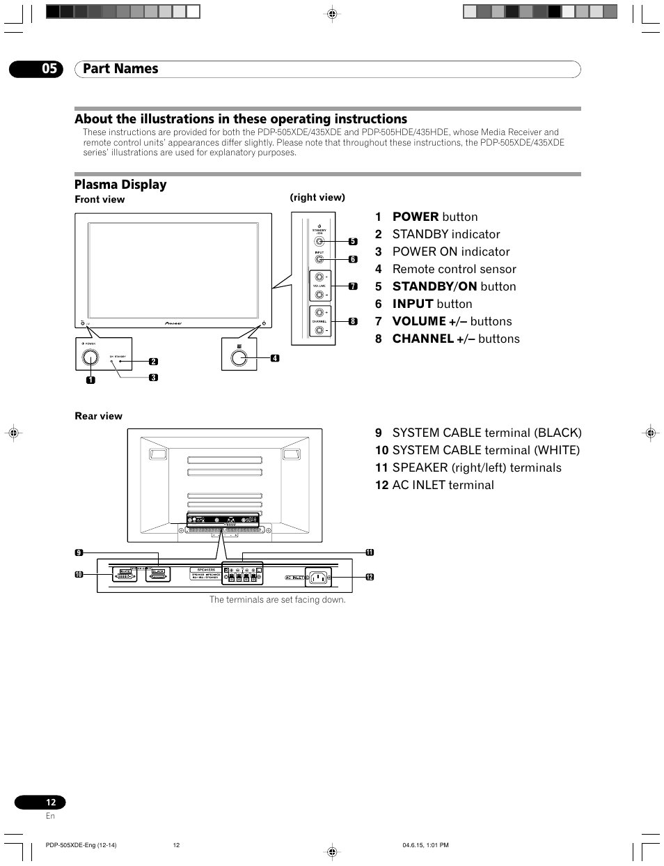 05 part names, Plasma display | Pioneer PDP-505HDE User Manual | Page 12 / 176