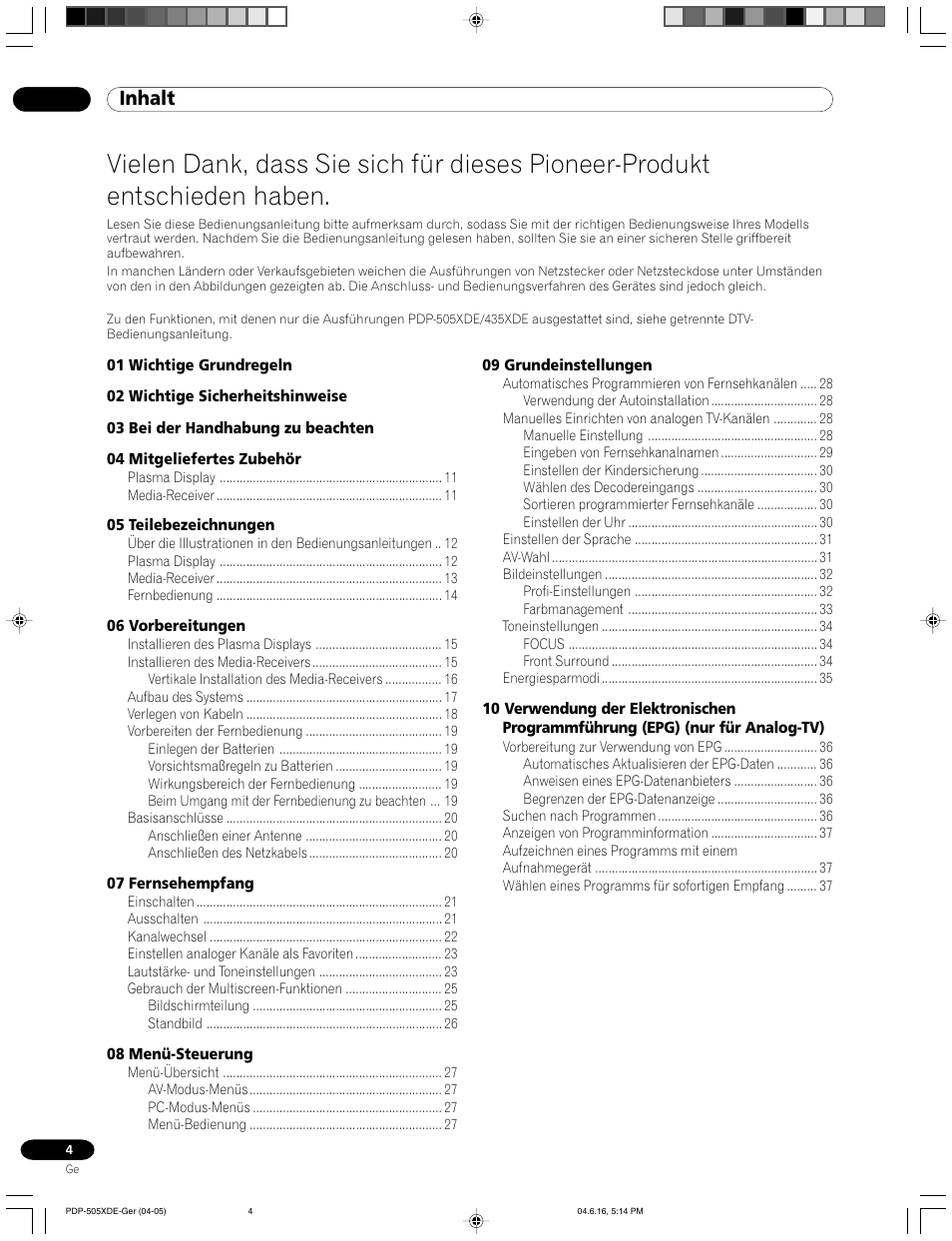 Bedienungsanleitung, Inhalt | Pioneer PDP-505HDE User Manual | Page 120 / 176