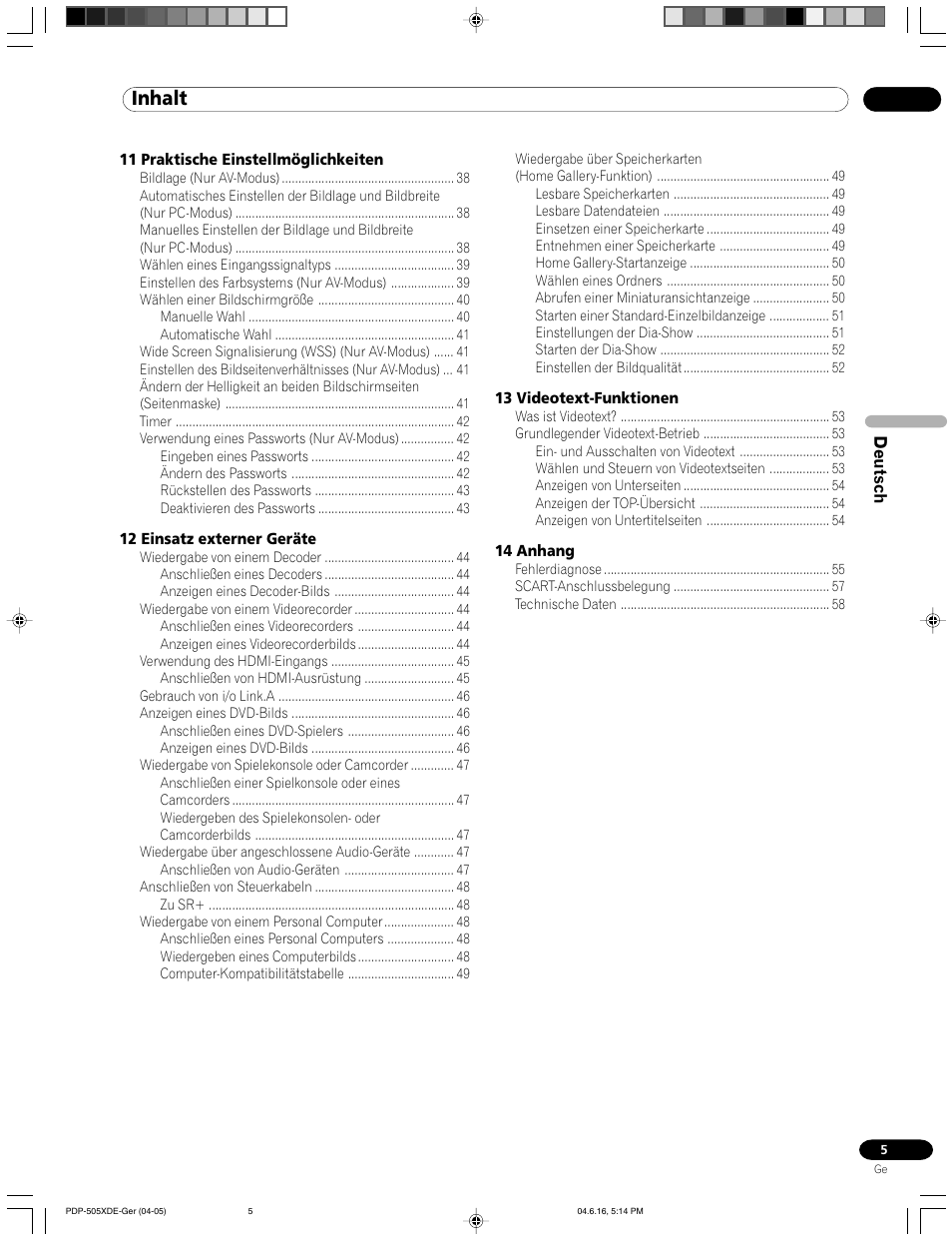 Inhalt | Pioneer PDP-505HDE User Manual | Page 121 / 176