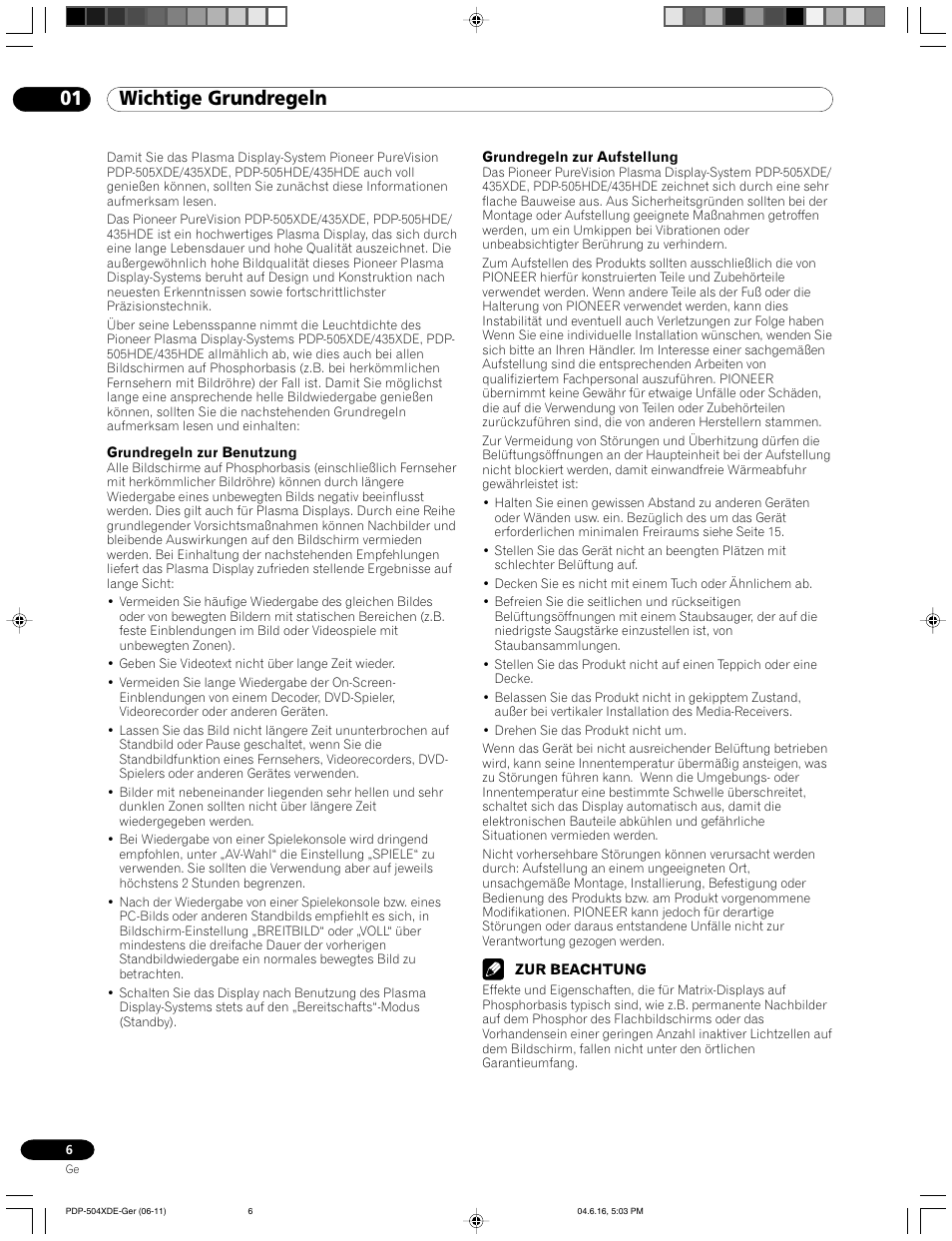 01 wichtige grundregeln | Pioneer PDP-505HDE User Manual | Page 122 / 176