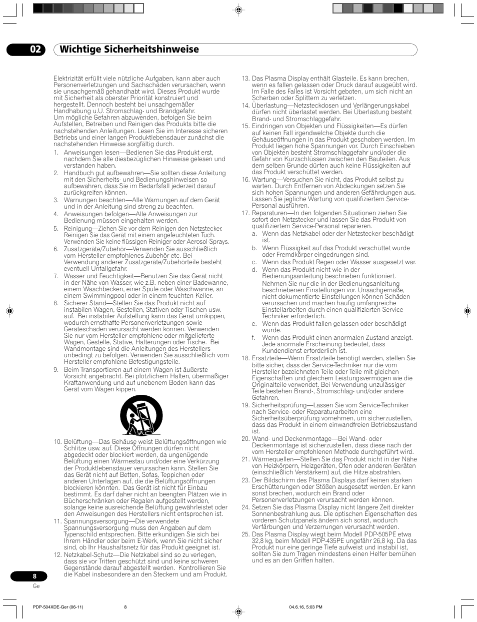 02 wichtige sicherheitshinweise | Pioneer PDP-505HDE User Manual | Page 124 / 176