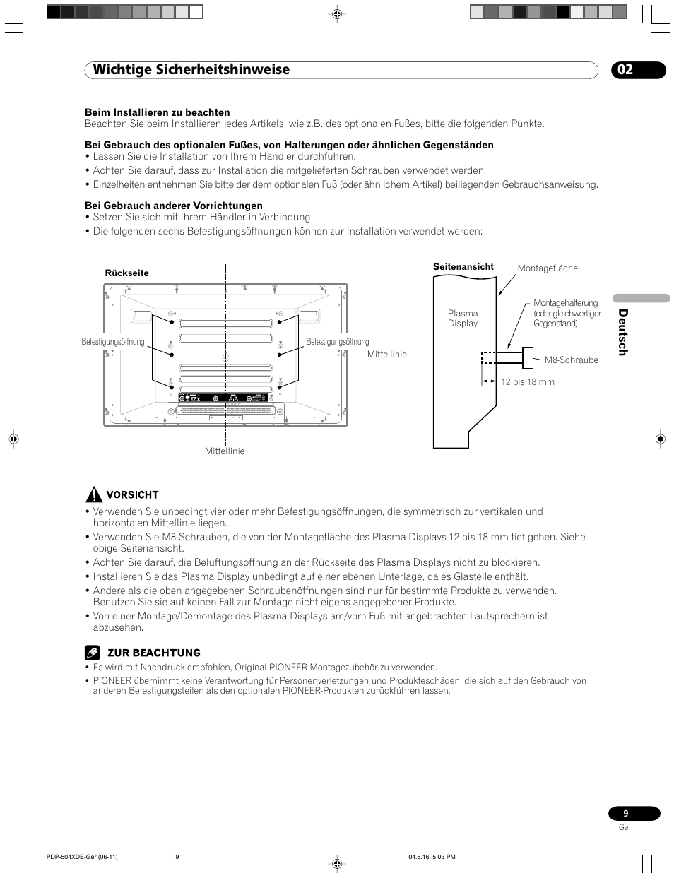 02 wichtige sicherheitshinweise, Deutsch | Pioneer PDP-505HDE User Manual | Page 125 / 176